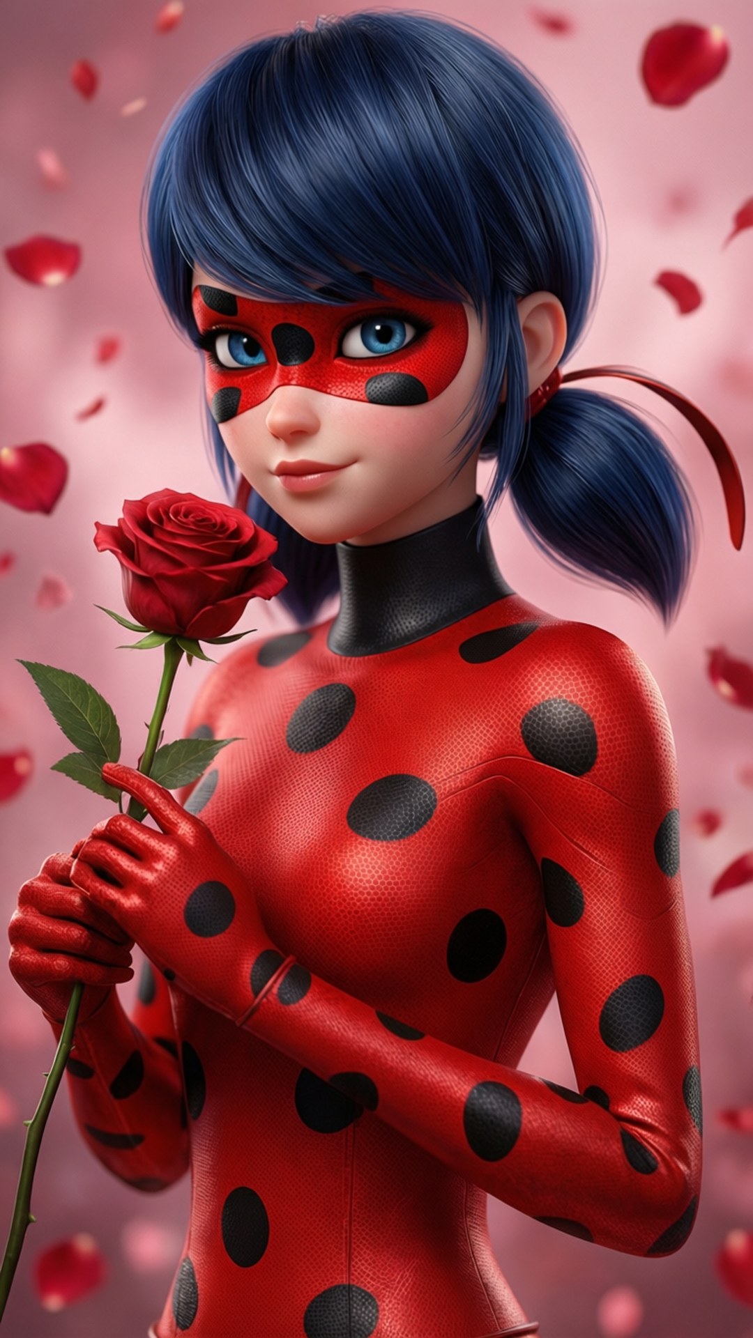 Ladybug Valentine 壁紙 — 一位風格化的動畫女英雄穿著紅黑圓點套裝，在柔和的粉紅色背景中手持一朵紅玫瑰，周圍有飄浮的花瓣。