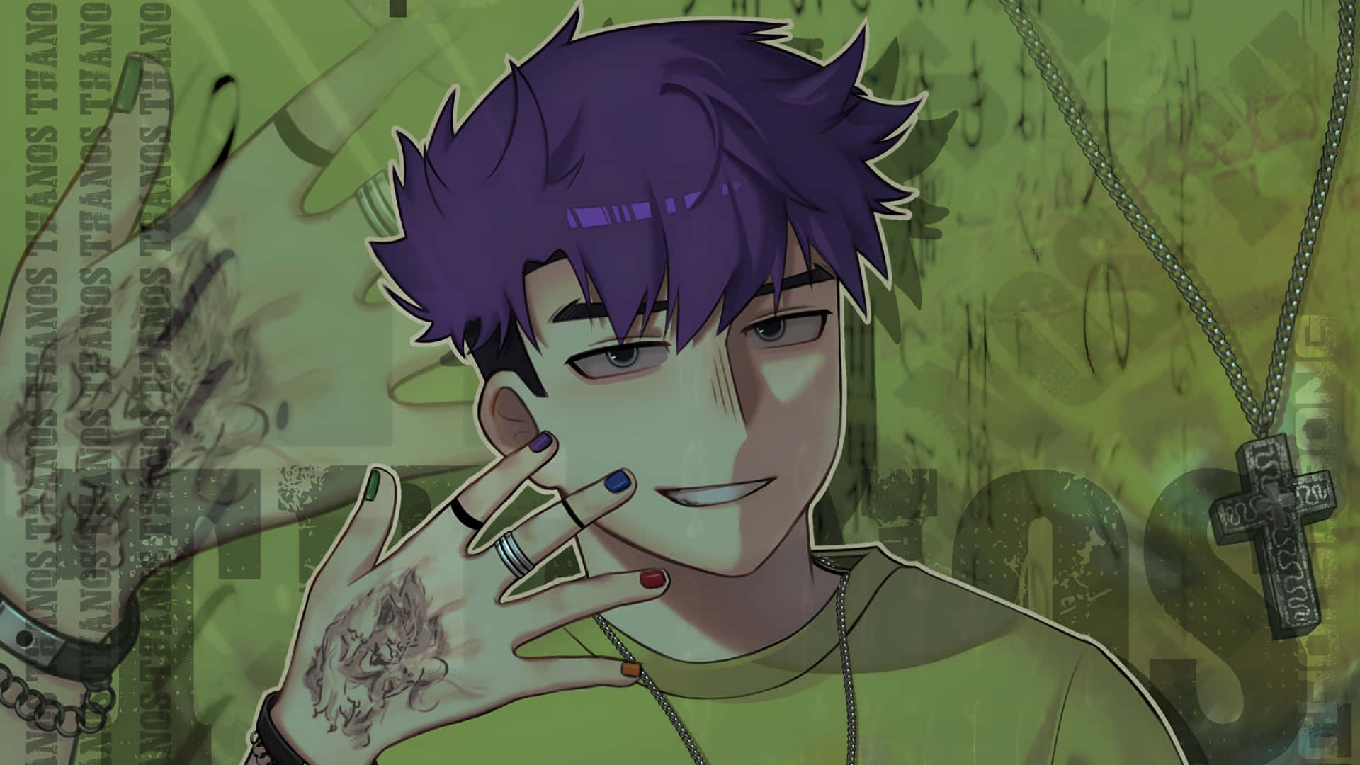  壁紙 — 一個風格化的動漫男孩，紫色頭髮和紋身，自信地擺姿勢在一個佈滿塗鴉的綠色牆前。