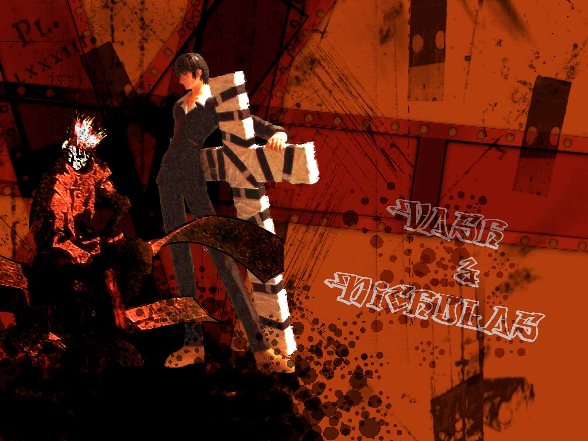 Nicholas D Wolfwood 桌布 壁紙 — 一個風格化的動漫角色在帶有飛濺效果的粗糙橙色工業背景下手持大型條紋武器。