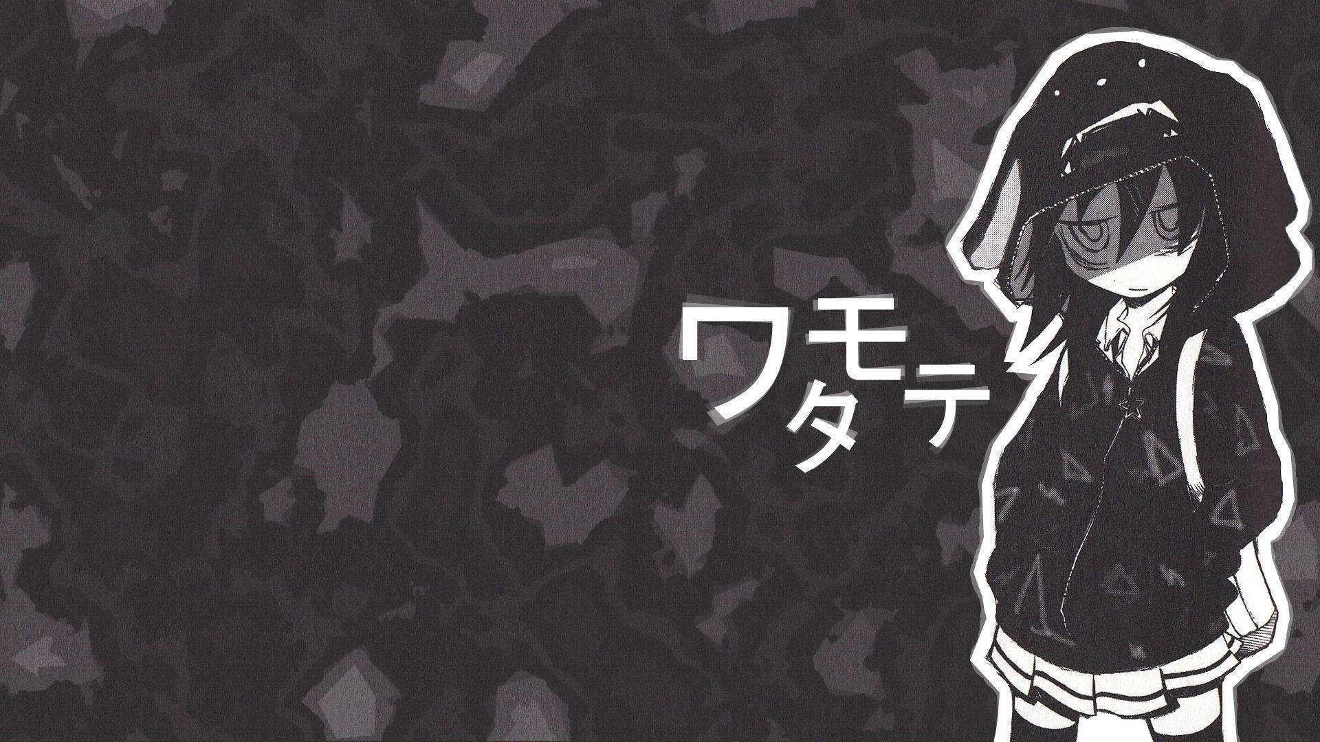 深色背景上帶有日文字樣和穿著連帽衫的動漫角色。