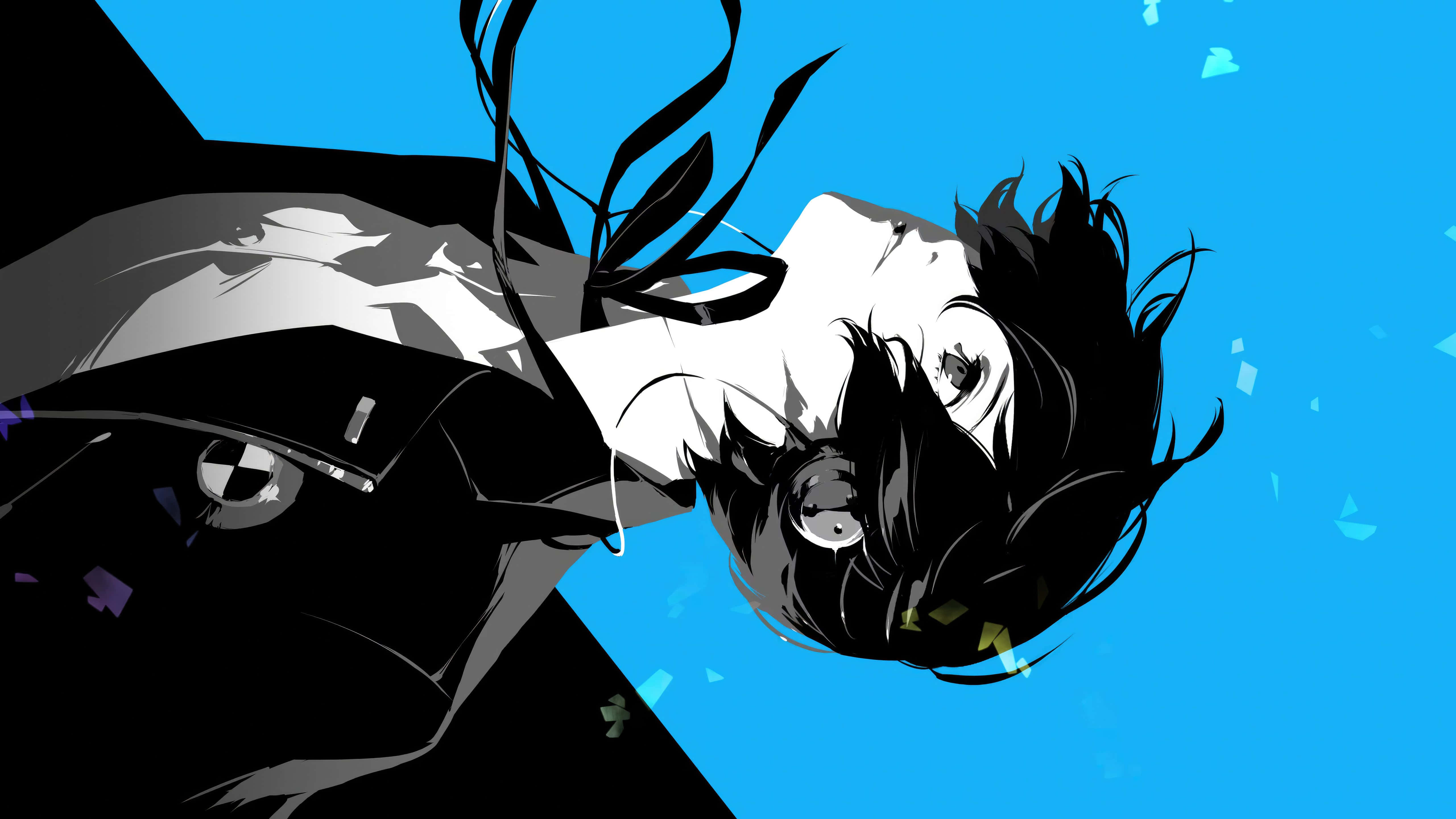 Persona 3 Reload 桌布 壁紙 — 一個風格化的動漫角色，黑髮戴著耳機，斜躺在充滿浮動碎片的鮮豔藍色背景上。