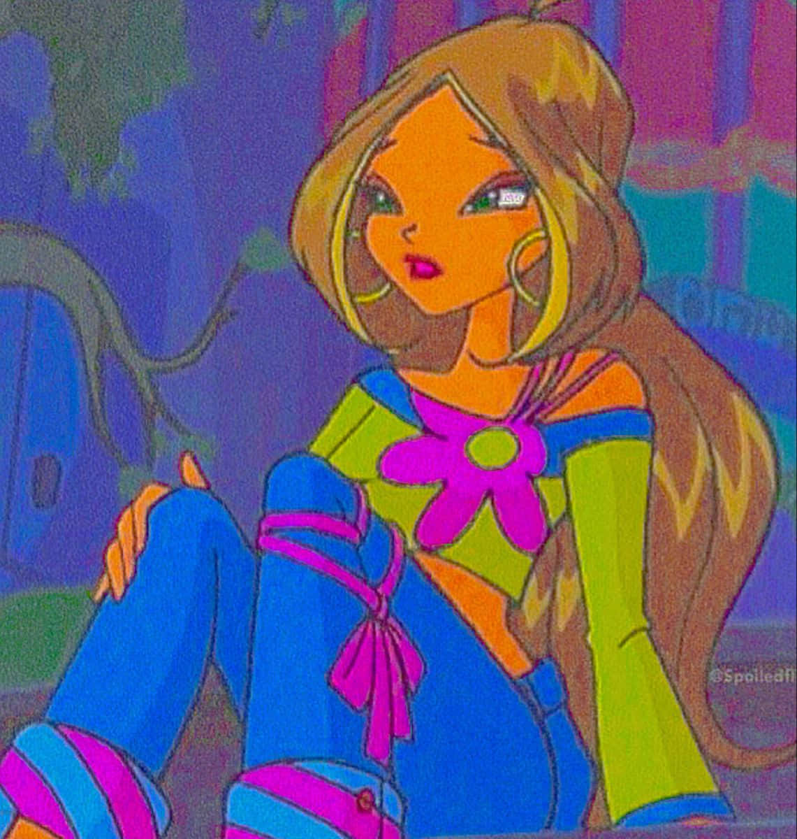  壁紙 — 一個風格化的動漫女孩，長長嘅棕色頭髮同色彩繽紛嘅服裝，坐喺一個充滿活力嘅抽象背景入面。