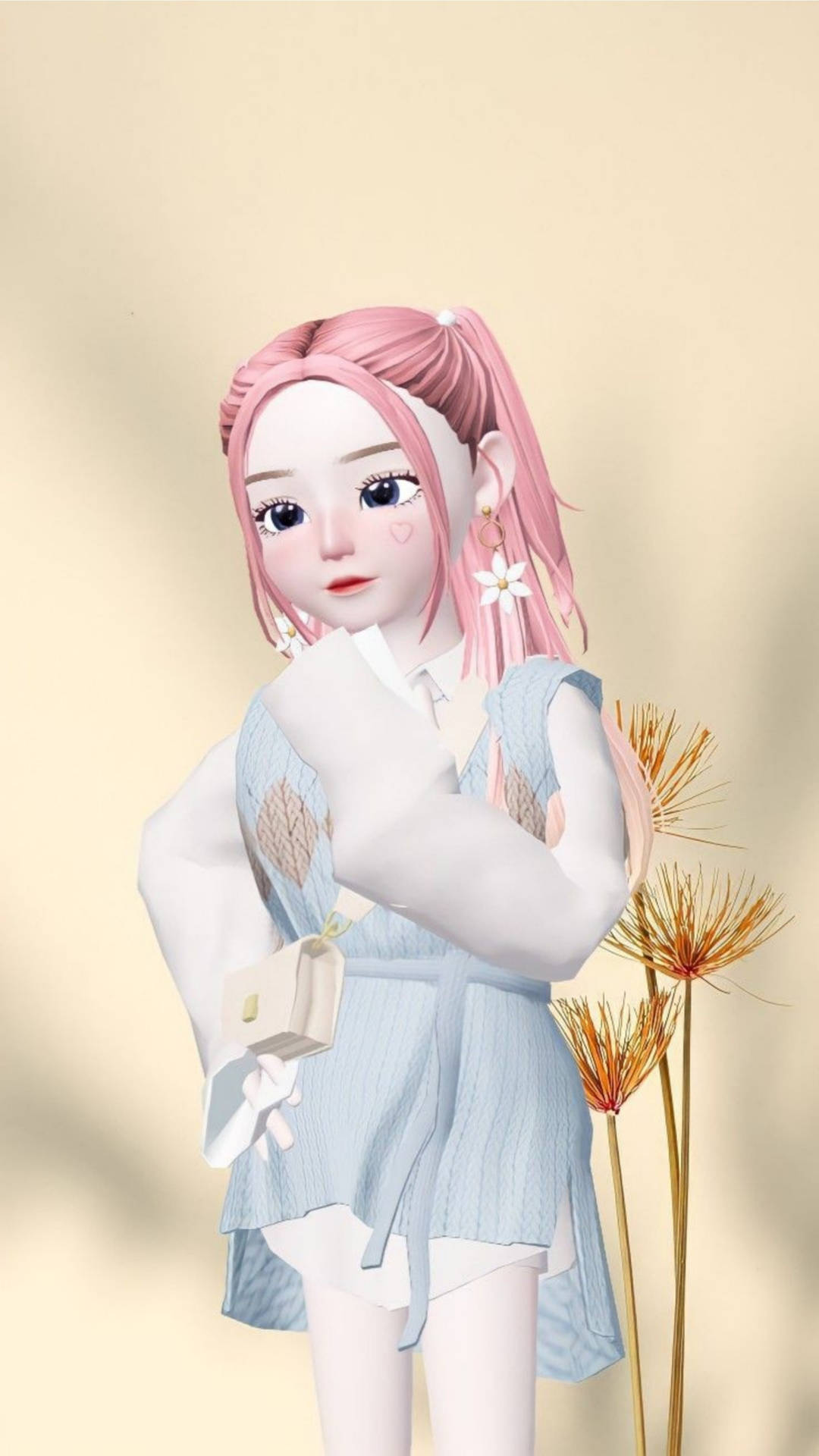 Zepeto 可愛女孩美學壁紙 壁紙 — 一個風格化的動漫女孩，粉紅色頭髮和花卉耳環，站在乾草旁邊，柔和粉彩調。