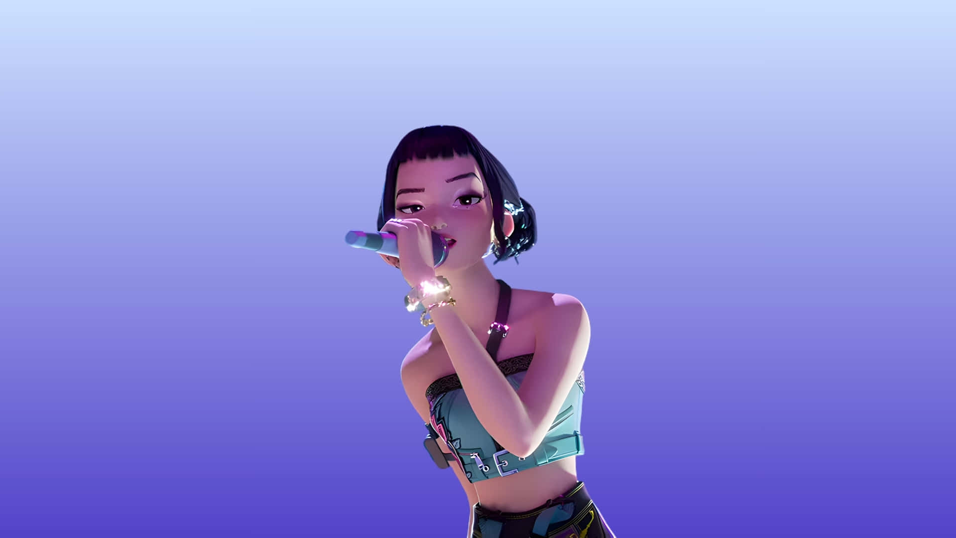  壁紙 — 一個風格化的動漫女孩，短黑髮，在紫色漸變背景前對著發光的麥克風唱歌。