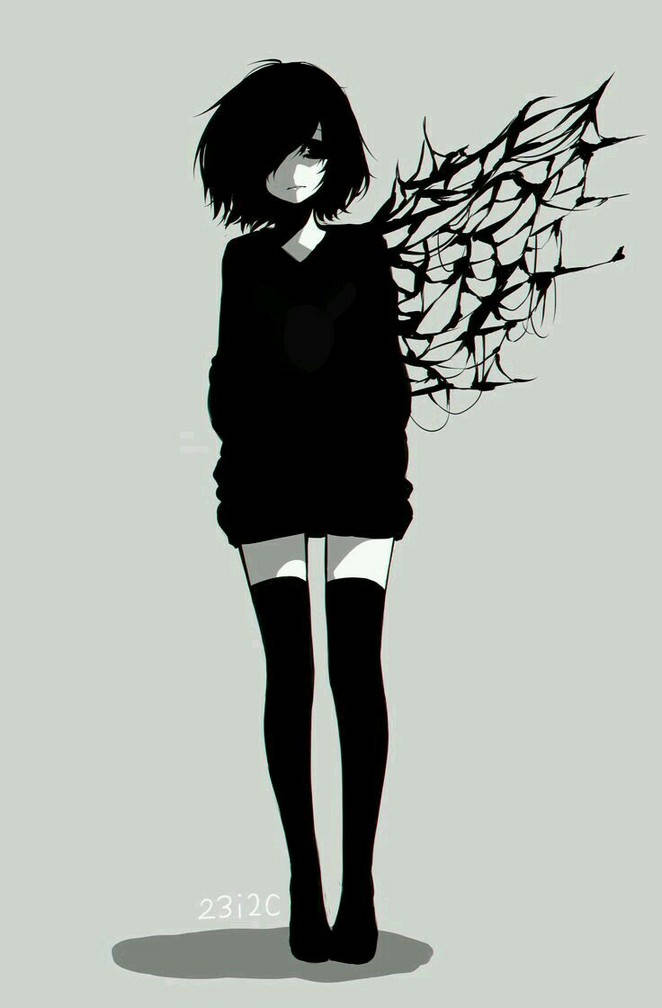 帶有黑色蜘蛛網翅膀的動漫女孩，穿著黑色服裝和白色大腿襪。