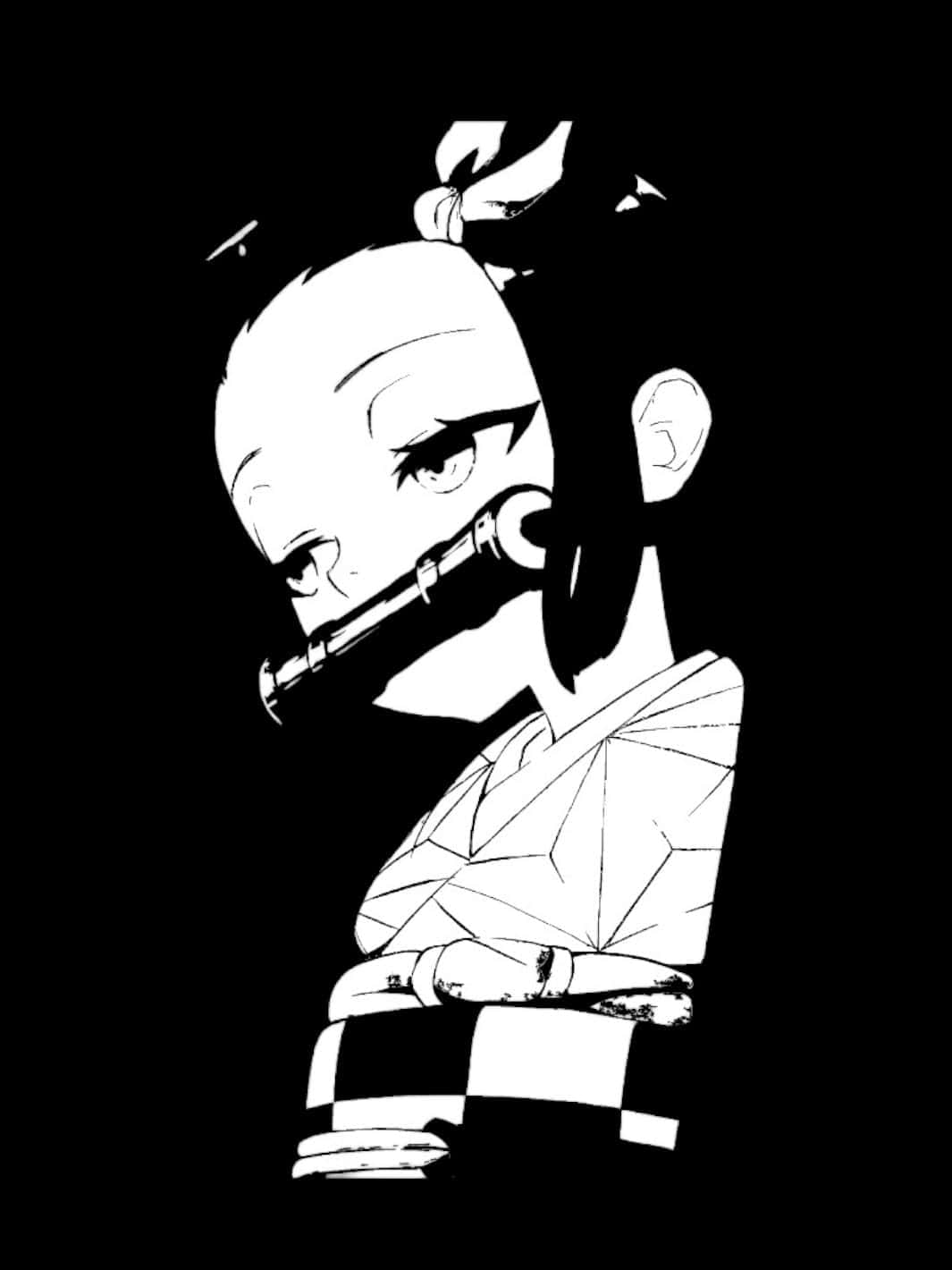  壁紙 — 一個風格化的動漫女孩，口中含著長笛，穿著幾何圖案的衣服，背景是純黑色。