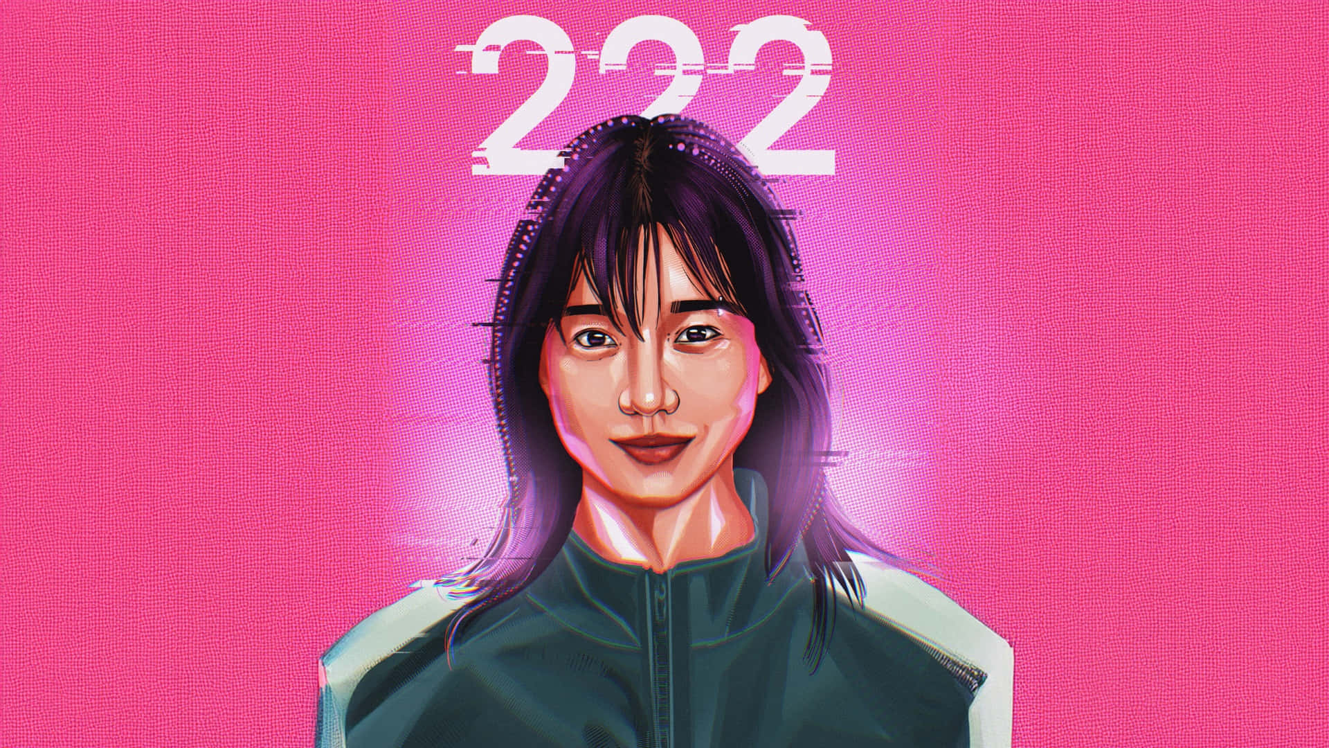  壁紙 — 一個風格化的動漫女孩，紫色頭髮和綠色外套，站在充滿活力的粉紅色背景前，頭上有數字222。