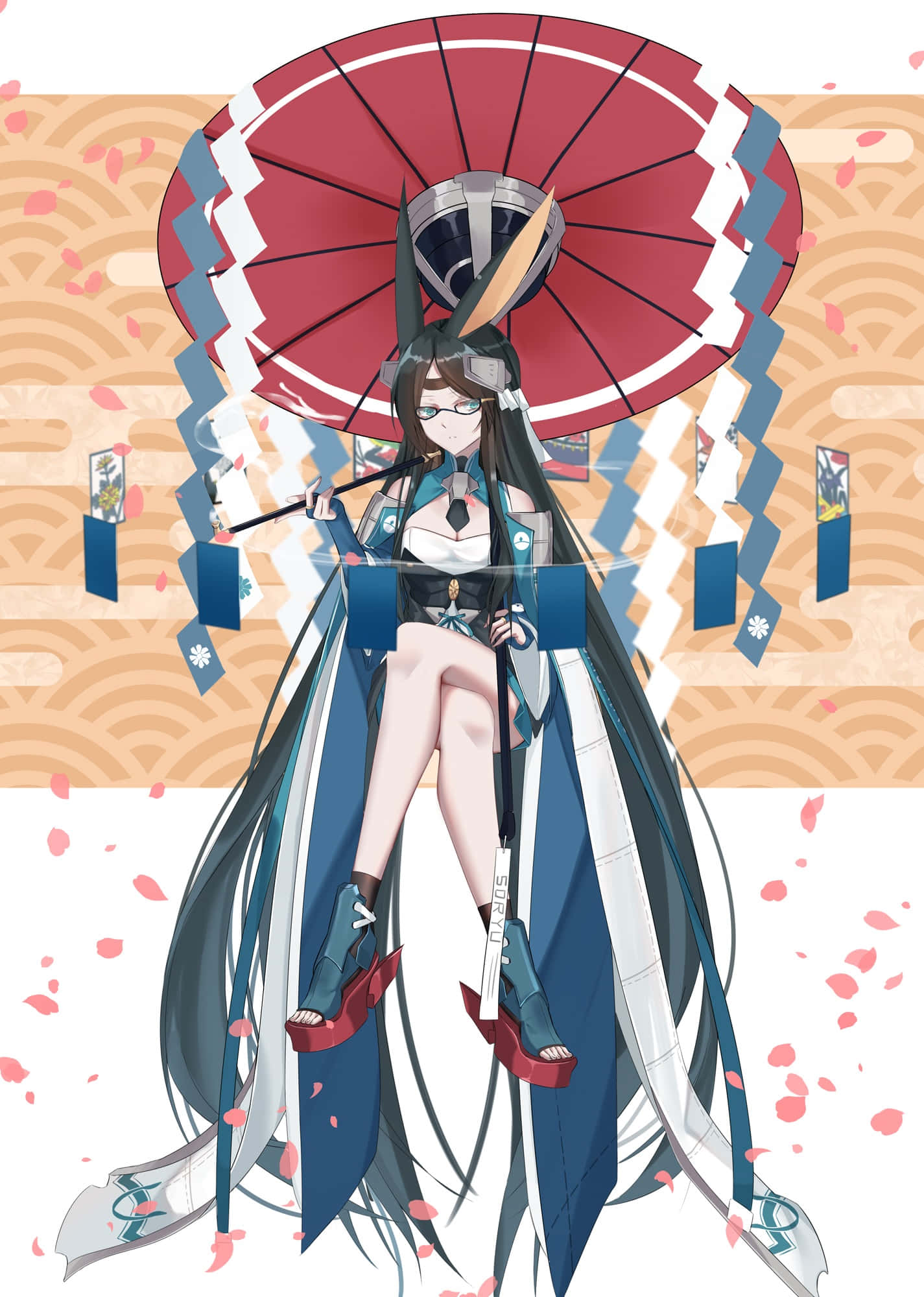 Azur Lane Souryuu 桌布 壁紙 — 一個風格化的動漫女孩，長長的黑髮，在帶有飄落櫻花圖案的背景中撐著一把大紅傘。