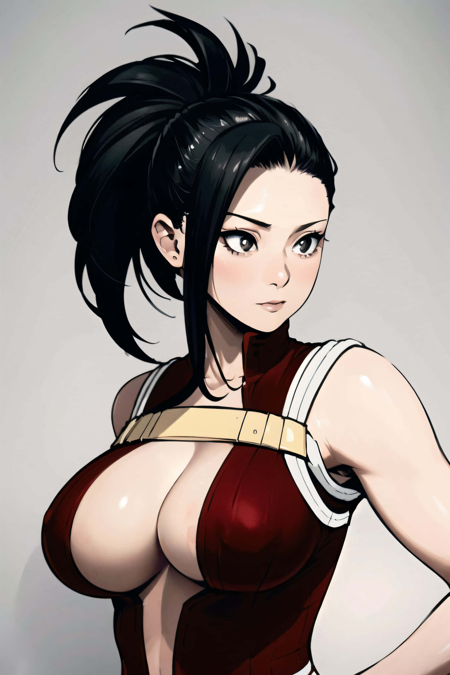 Momo Yaoyorozu 桌布 壁紙 — 一位風格化的動漫女性，黑色高馬尾，穿著紅白相間的服裝，搭配金色腰帶，背景為純灰色。