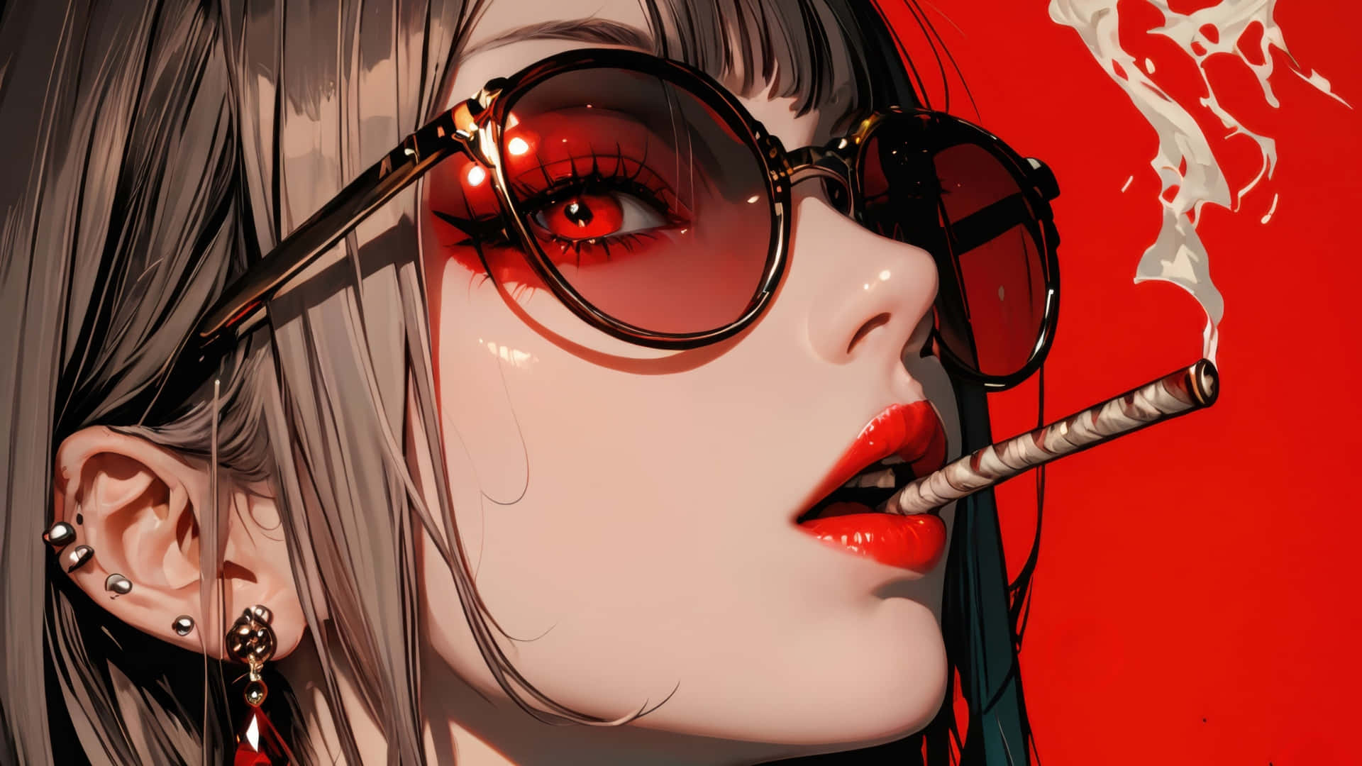  壁紙 — 一個風格化的動漫女性，擁有紅色的眼睛和嘴唇，在鮮紅色的背景前抽煙。
