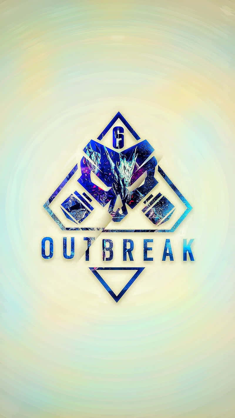  壁紙 — 一個風格化的藍色幾何標誌，帶有碎玻璃效果，並將「outbreak」一詞置中於柔和的漸變背景上。