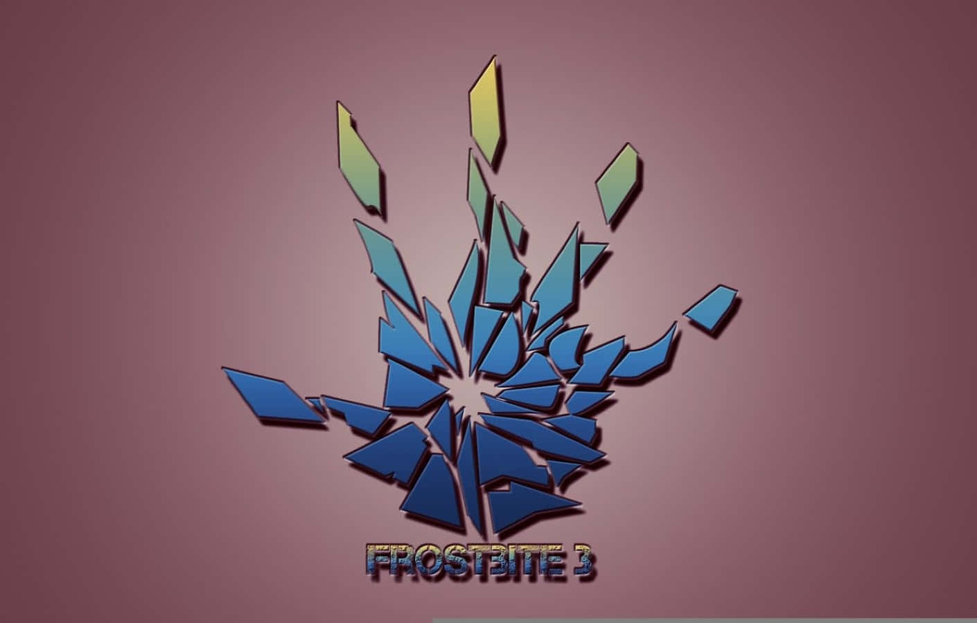 Frostbite 桌布 壁紙 — 一個風格化的藍色和綠色碎玻璃爆炸從中心點輻射開來，背景為紫紅色，下方有 'FROSTBITE 3' 文字。