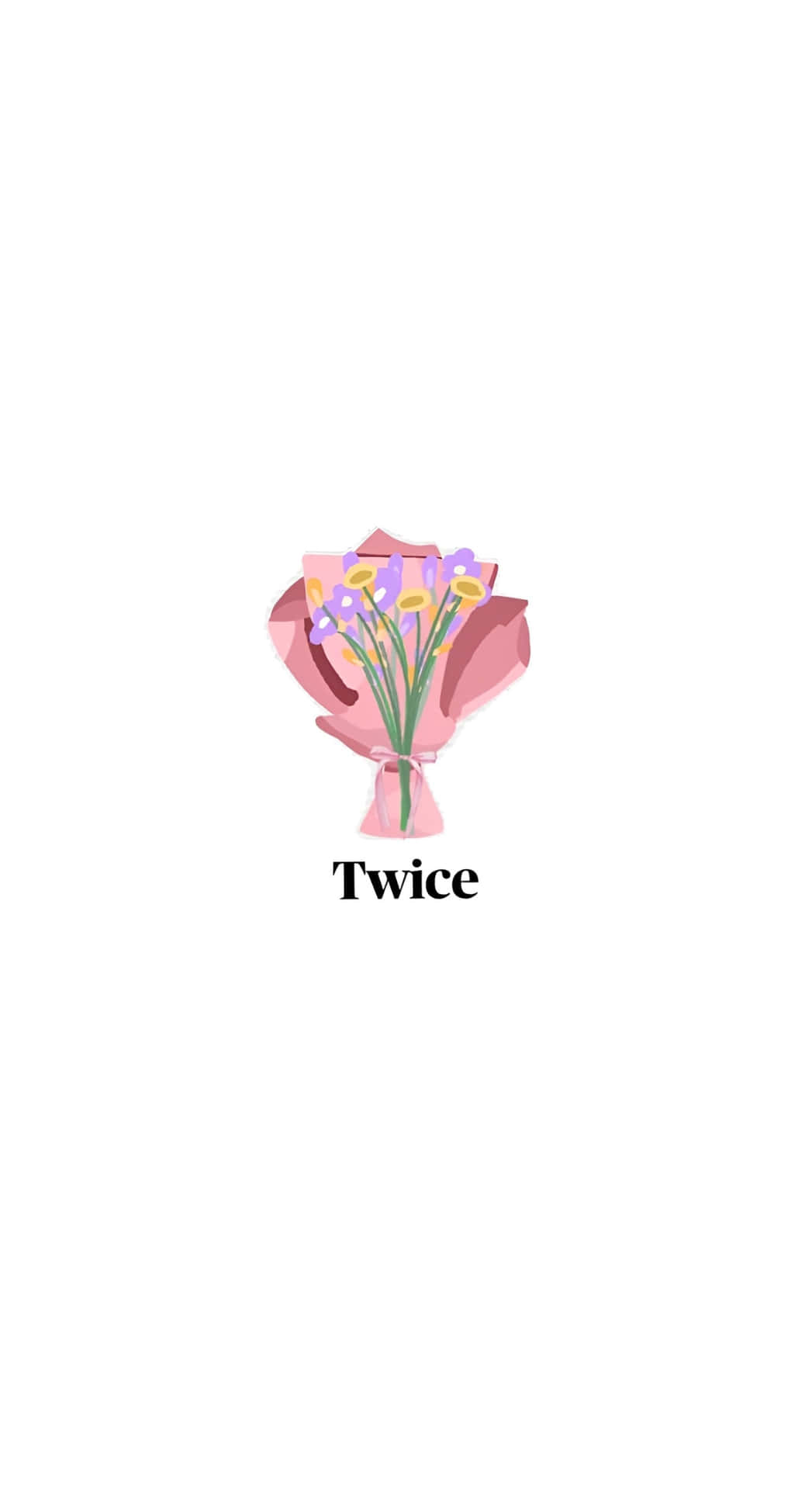  壁紙 — 一束風格化的紫色和黃色花朵，用粉紅色紙包裹，下方有「Twice」字樣。