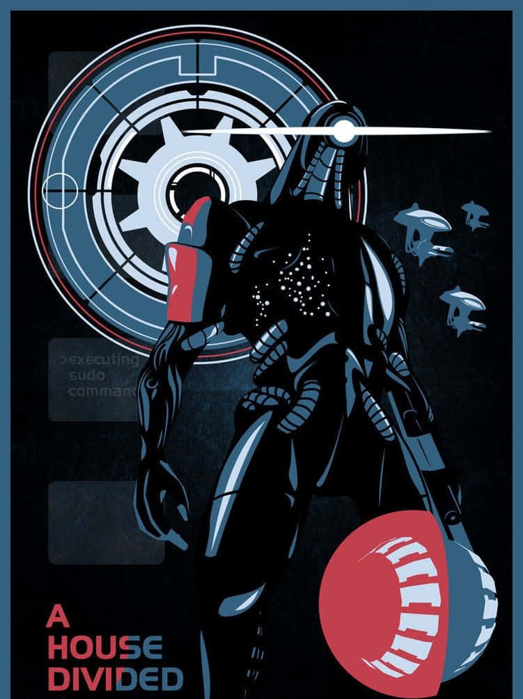 Mass Effect Legion 桌布 壁紙 — 一個風格化的網絡人形站在瞄準十字準線前，伴隨著漂浮的無人機和終端文字，處於黑暗科技主題的插圖中。