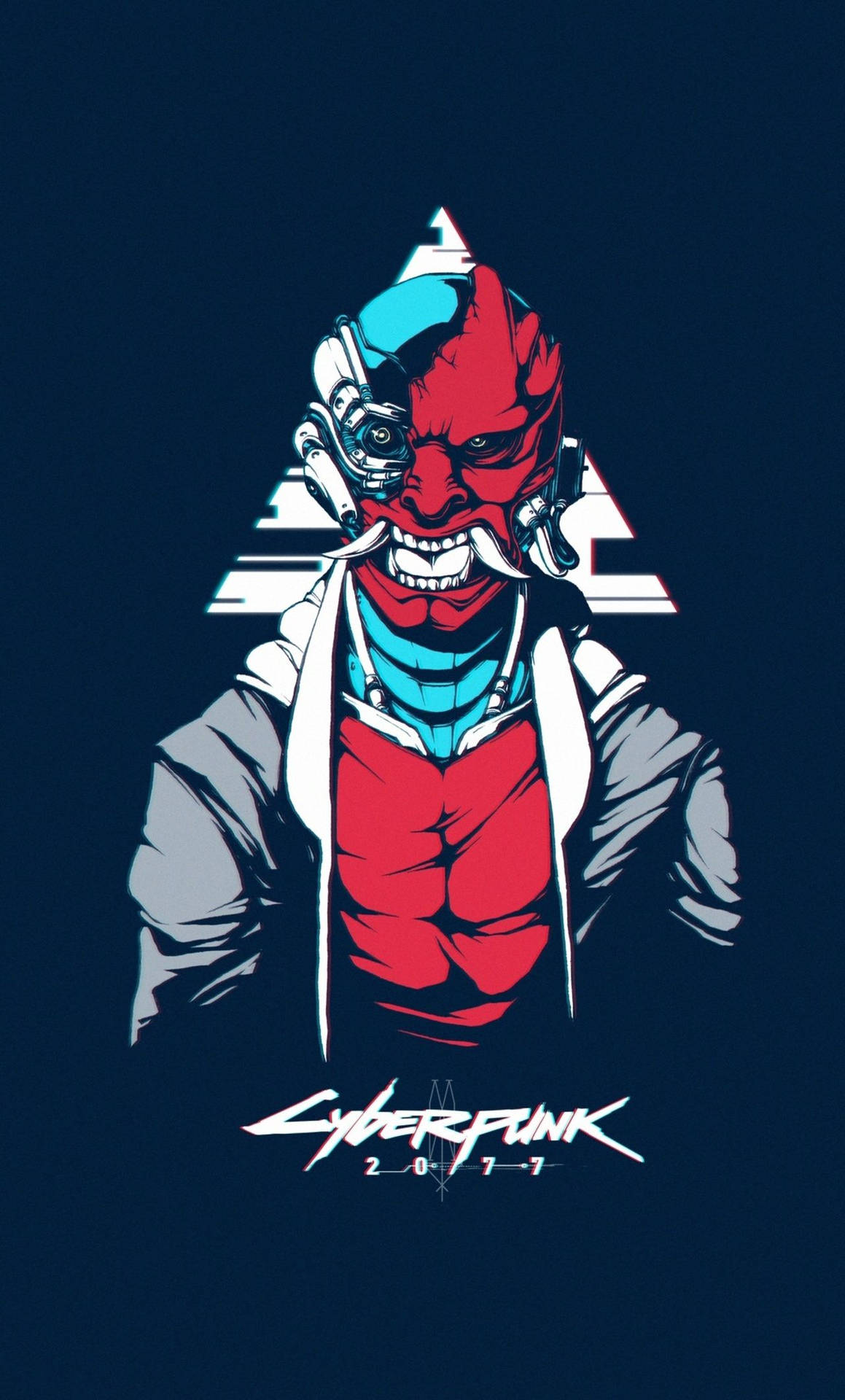 賽博龐克角色，紅色面孔和電子眼，深藍色背景。