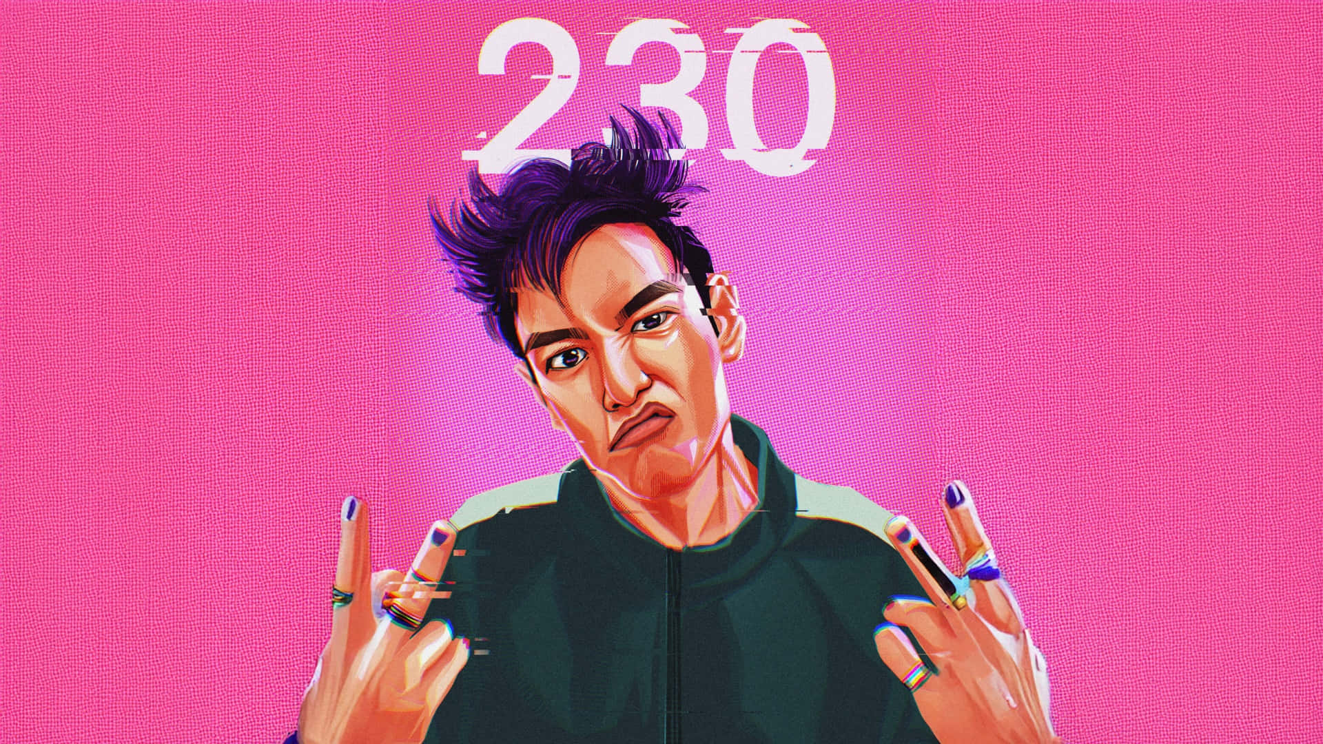  壁紙 — 一個風格化的數碼藝術肖像，描繪一名擁有紫色頭髮和戒指的男子，在充滿活力的粉紅色背景前做出手勢，上方有數字230。