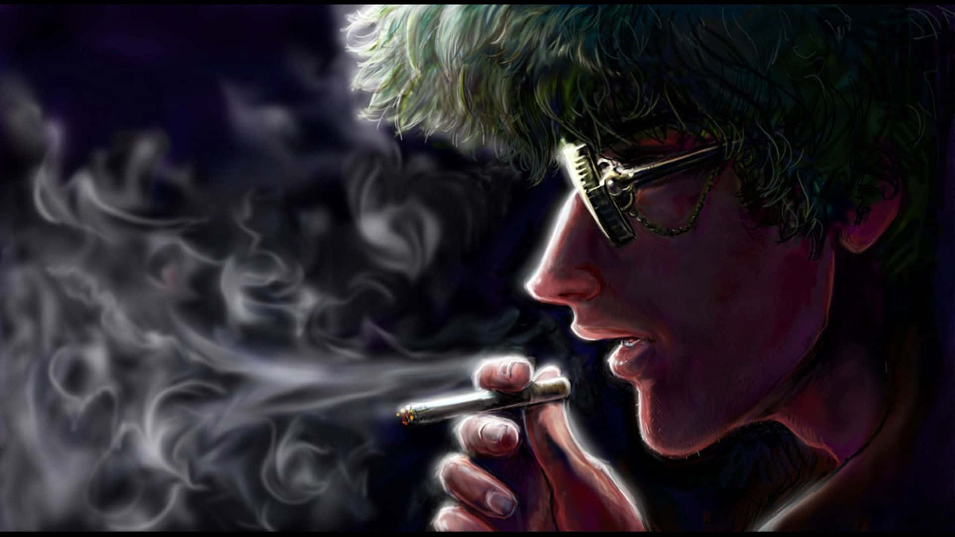  壁紙 — 一個風格化的數碼肖像，描繪一名綠髮戴眼鏡的男子在黑暗背景中呼出煙霧。