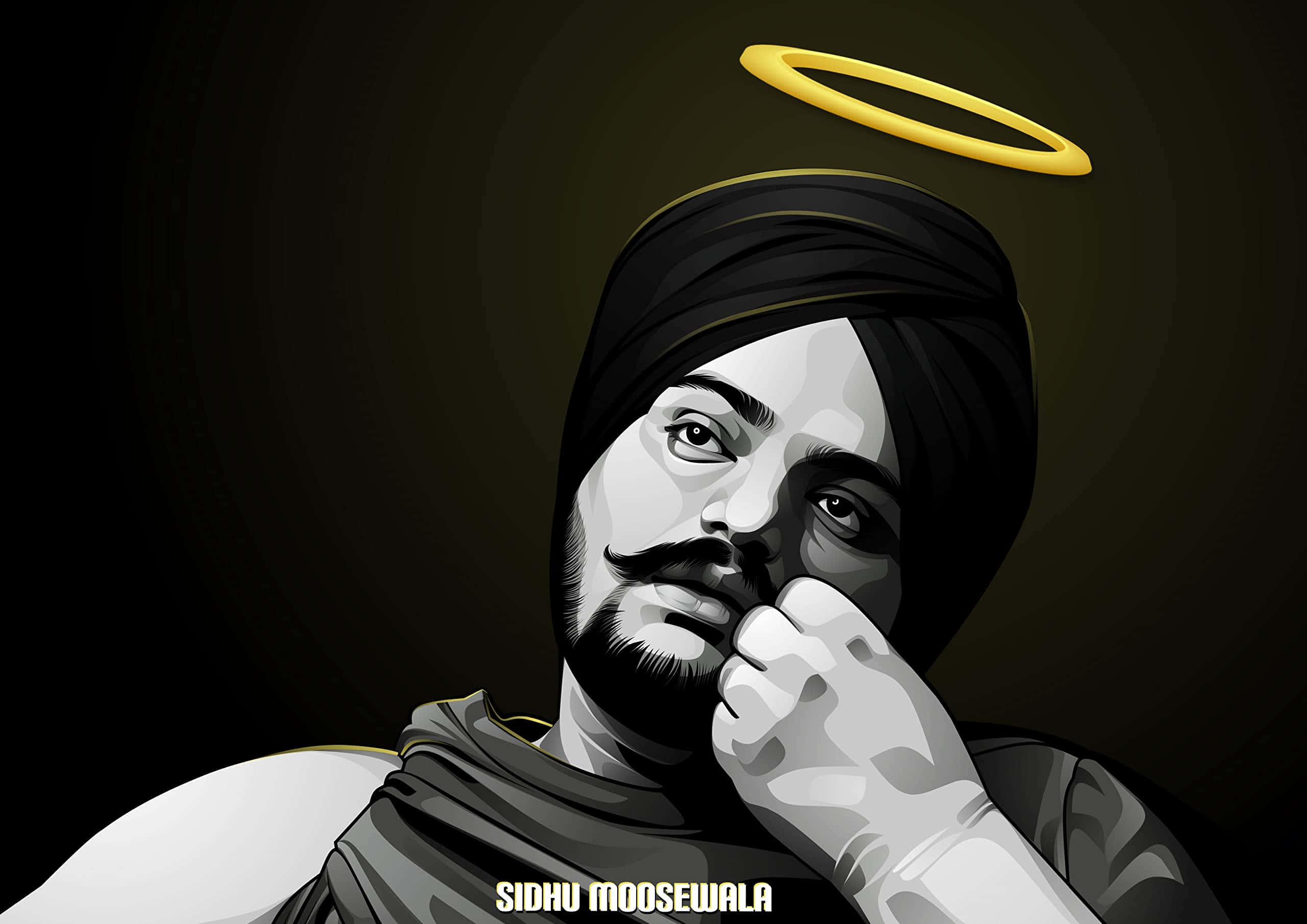 Sidhu Moose Wala 桌布 壁紙 — Sidhu Moosewala 的風格化數位肖像，頭頂金色光環，背景為深色漸變。