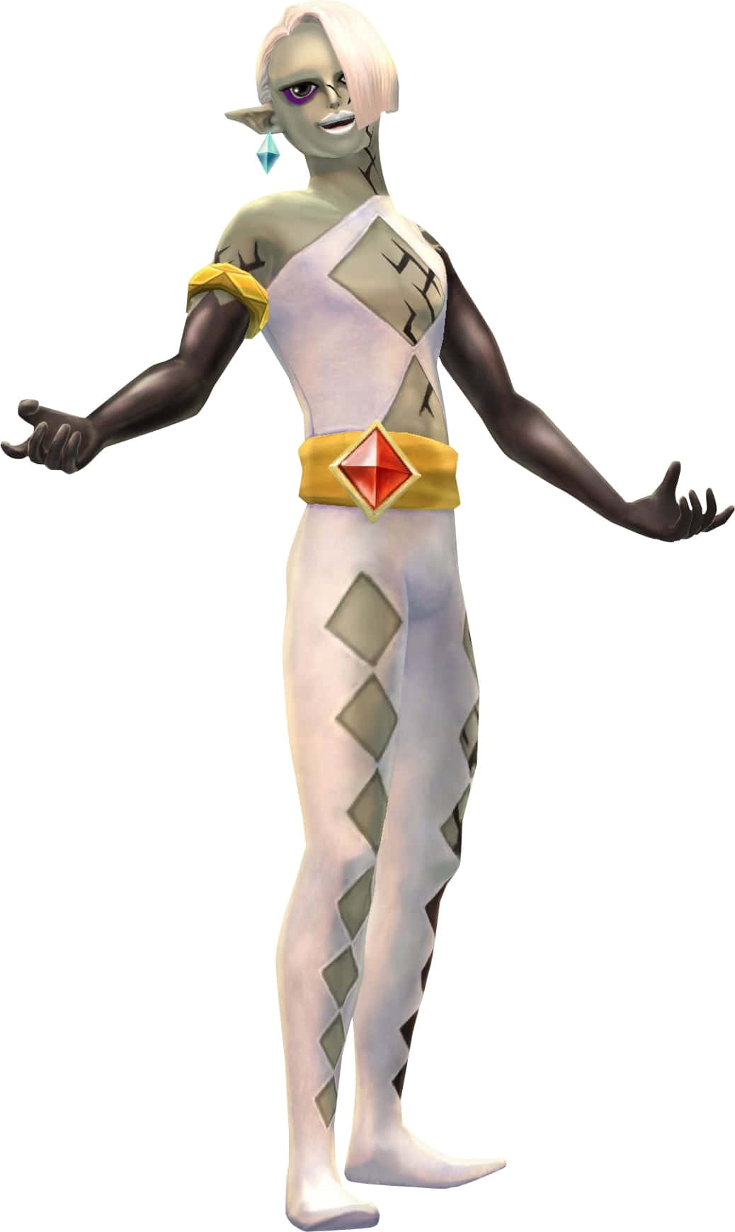 The Legend Of Zelda Ghirahim 桌布 壁紙 — 一個風格化的精靈般角色，皮膚蒼白，眼睛紫色，穿著白色和灰色菱形圖案西裝，配以黃色和紅色寶石腰帶。