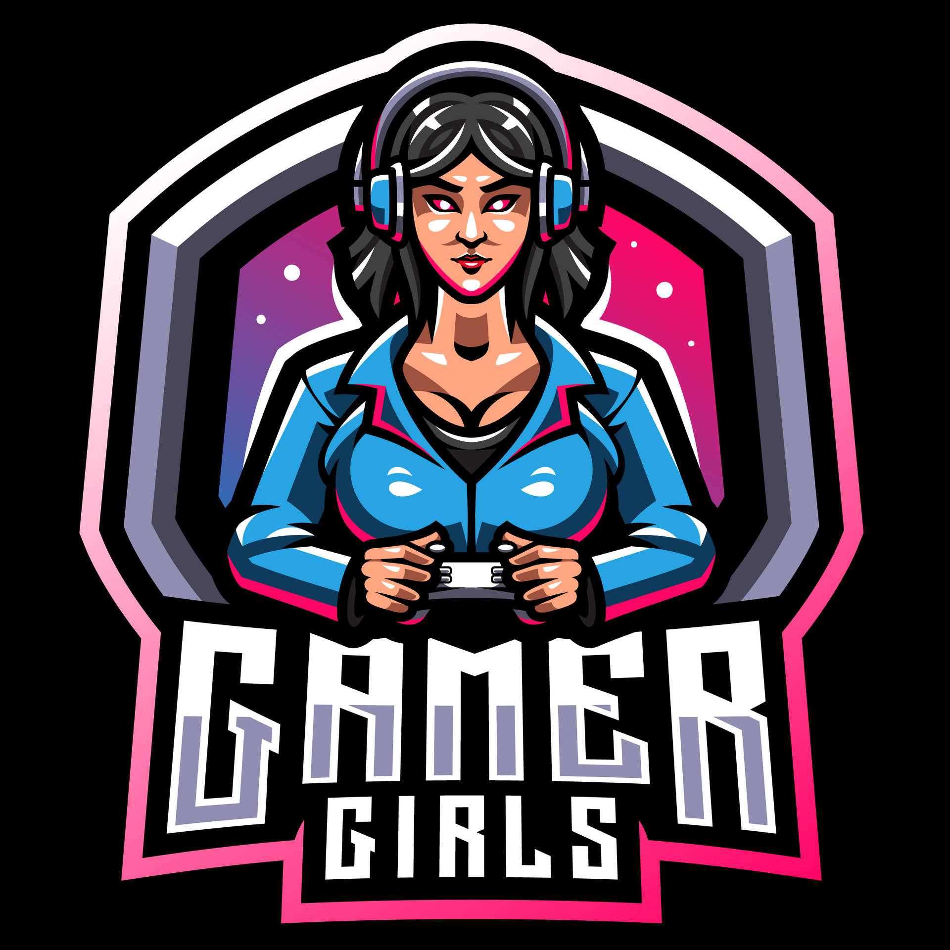 一位身穿藍色外套的女性遊戲玩家手持控制器，背景為宇宙，並帶有「Gamer Girls」文字。