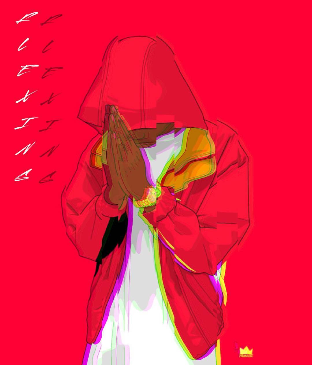 紅色背景男子Instagram頭像 壁紙 — 一個穿著紅色連帽衫的風格化人物，在帶有霓虹輪廓的鮮紅色背景上合十祈禱。