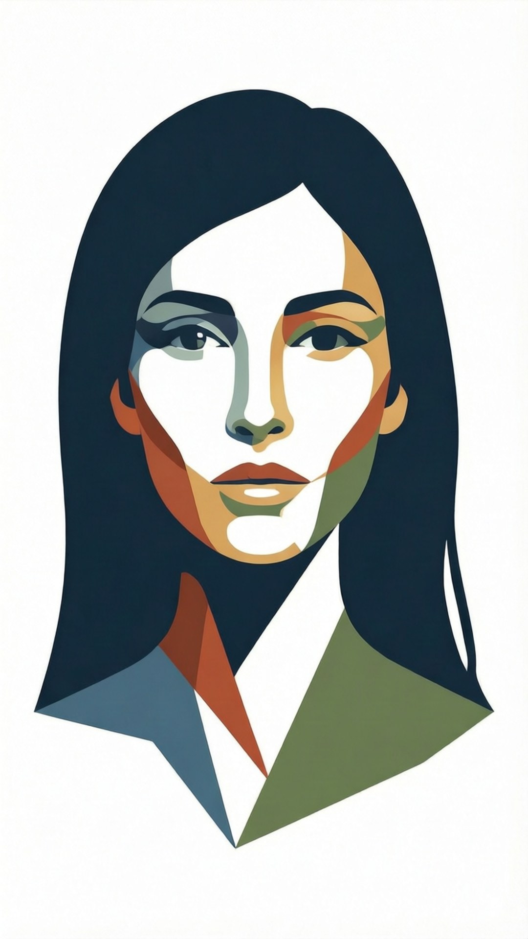 Geometric Woman SVG 壁紙 — 一個風格化的幾何女性肖像，以大膽的色塊和乾淨的線條在白色背景上呈現。