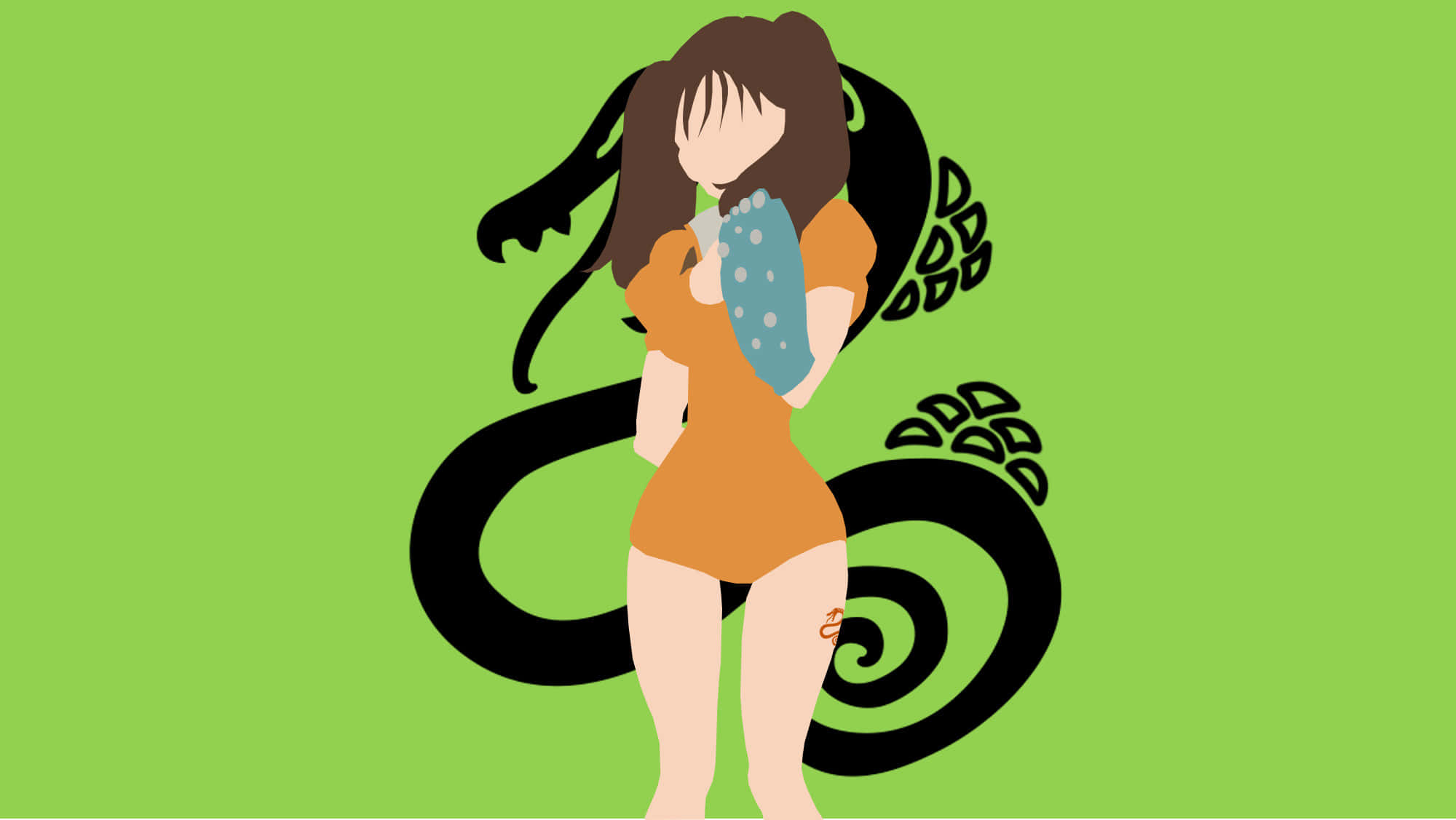 Seven Deadly Sins Diane 桌布 壁紙 — 一個風格化的女孩穿著橙色連衣裙，手持一個藍色斑點物體，一條黑龍在她身後盤繞，背景是明亮的綠色。
