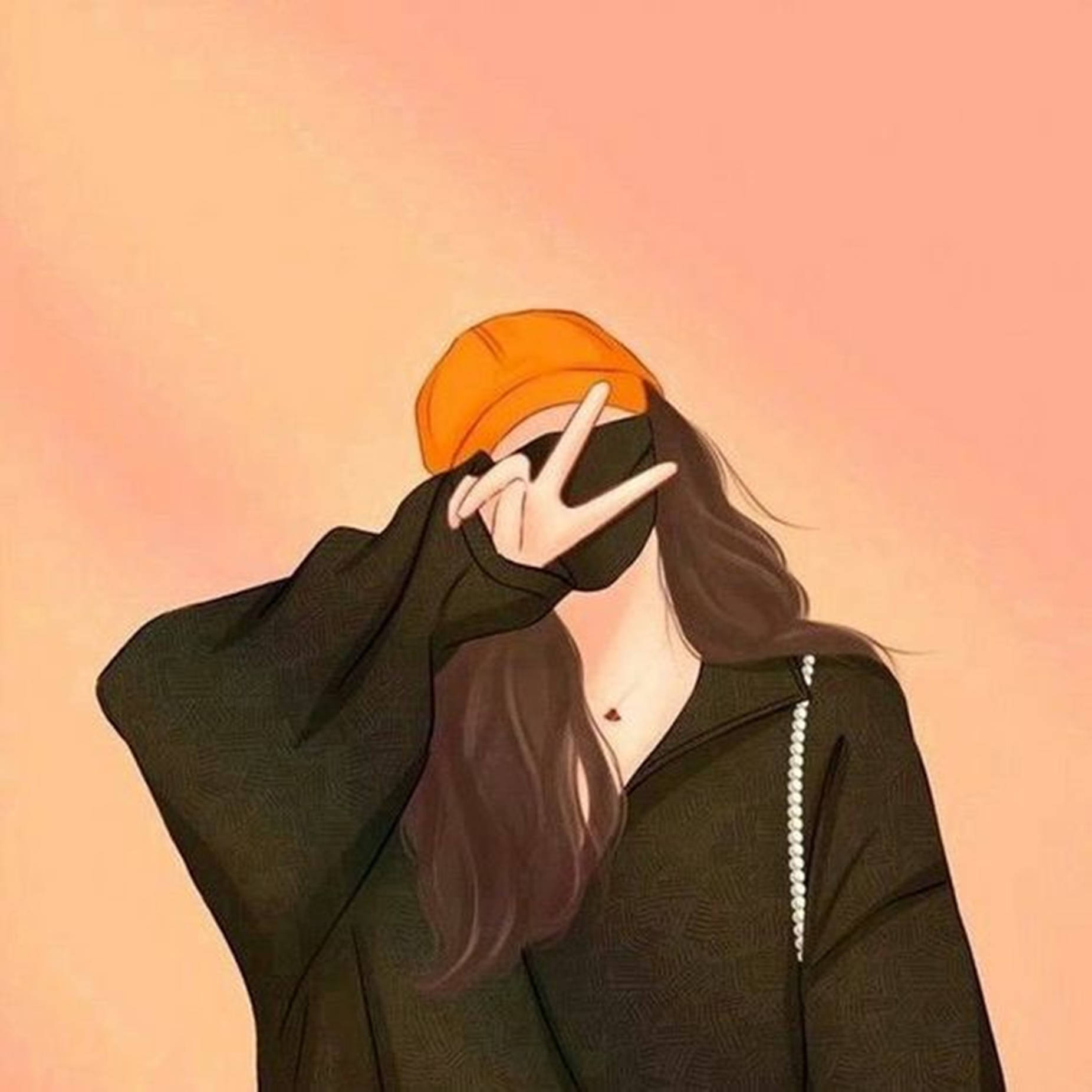 戴橙色帽子和黑色連帽衫的女孩隱藏臉部做出和平手勢。