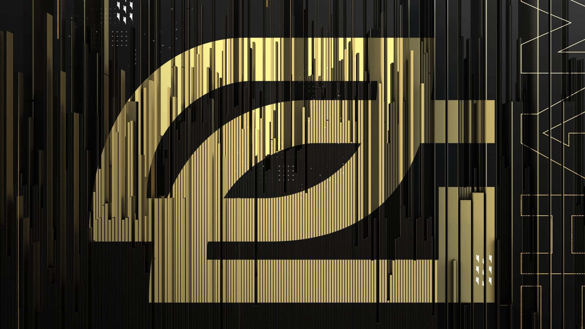 Optic Gaming 桌布 壁紙 — 在數位抽象構圖中，一個風格化的金色眼睛標誌從垂直的黑金條紋區域中浮現。