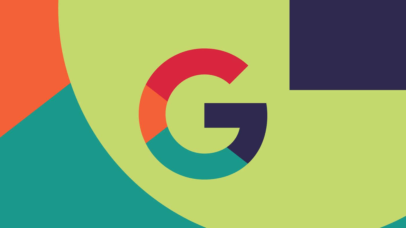 Google標誌，在檸檬綠抽象背景上帶有彩色片段。