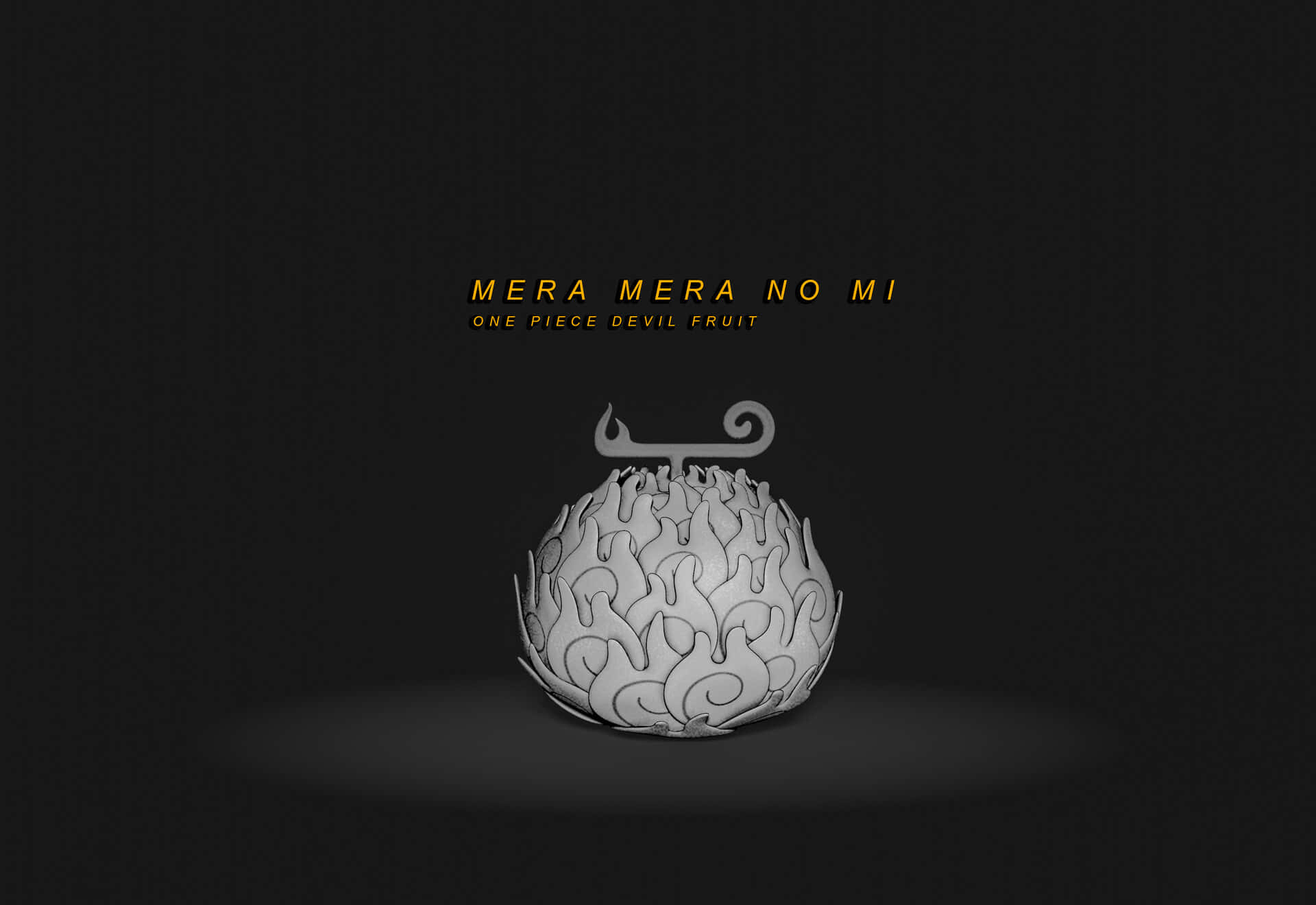 來自《One Piece》的灰色 Mera Mera no Mi 惡魔果實，在深色背景上帶有金色文字。