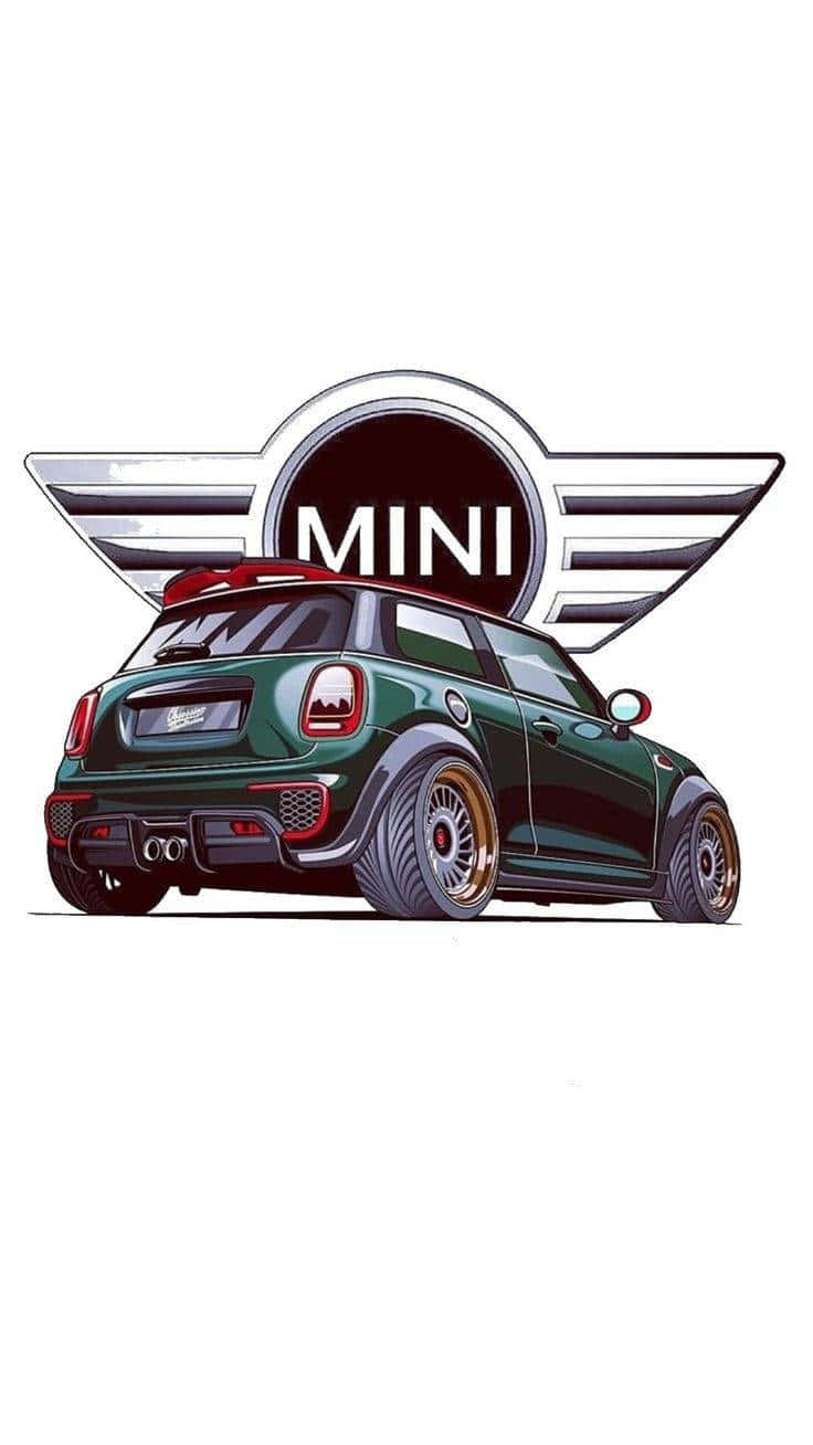  壁紙 — 一輛風格化的綠色MINI Cooper，配金色輪圈和紅色點綴，從後方四分之三角度展示，下方有大型MINI標誌。