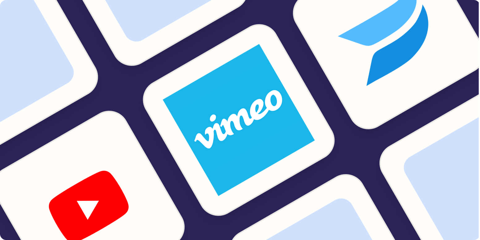  壁紙 — 一個風格化的影片平台標誌網格，包括 Vimeo、YouTube 和 Facebook，以鮮豔色彩呈現在深色背景上。