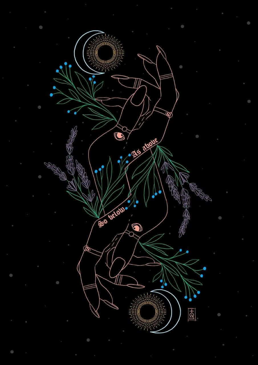  壁紙 — 一隻風格化的手在星空夜空下捧著薰衣草枝，背景有新月和神秘符號。
