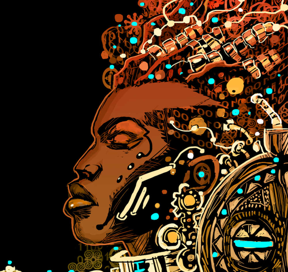Afrofuturism 桌布 壁紙 — 一個風格化的插圖側面輪廓，人物頭部散發出複雜的金色和藍色電路及圖案，背景為黑色。