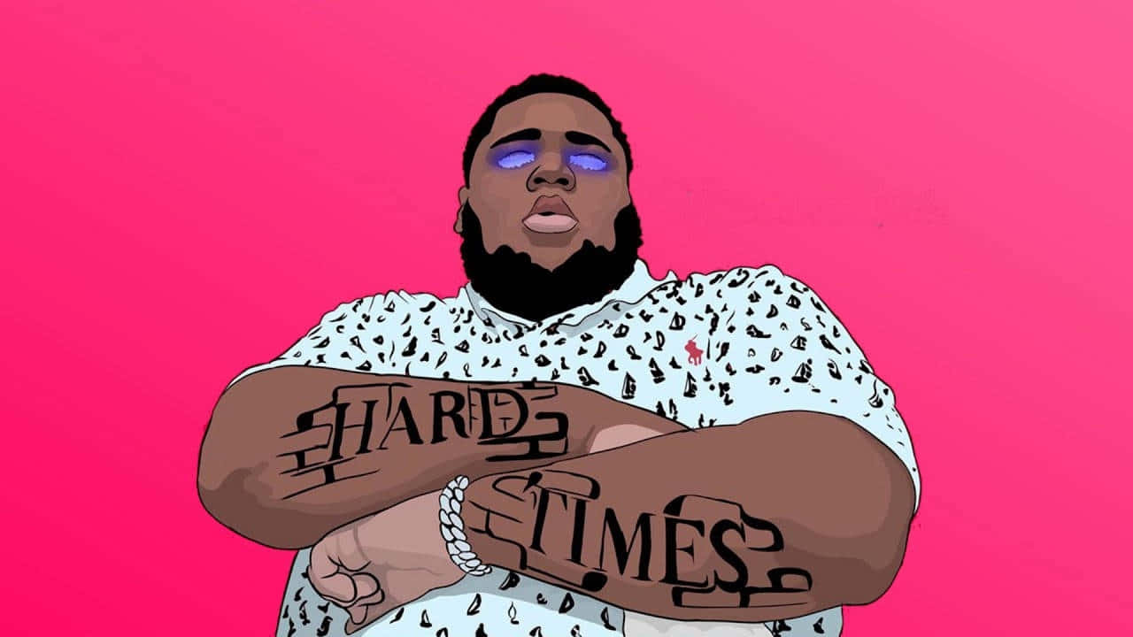  壁紙 — 一幅風格化插圖，描繪一位鬍鬚男，雙眼發出藍光，手臂上有「HARD TIMES」紋身，背景為鮮豔的粉紅色。
