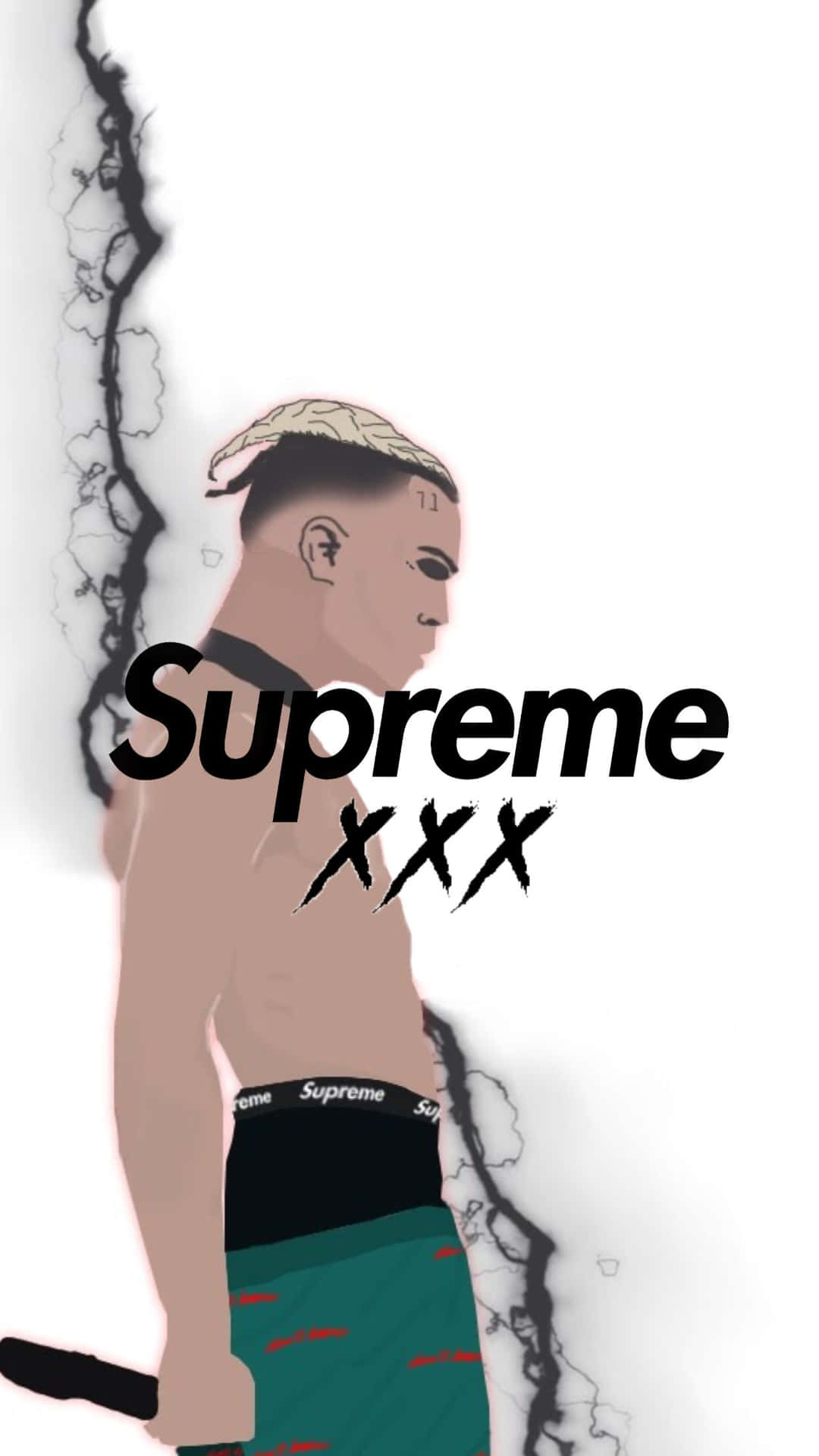  壁紙 — 一個風格化的插圖，描繪一名穿著Supreme品牌內褲和綠色短褲的男子，在裂紋白色背景前手持一把刀。