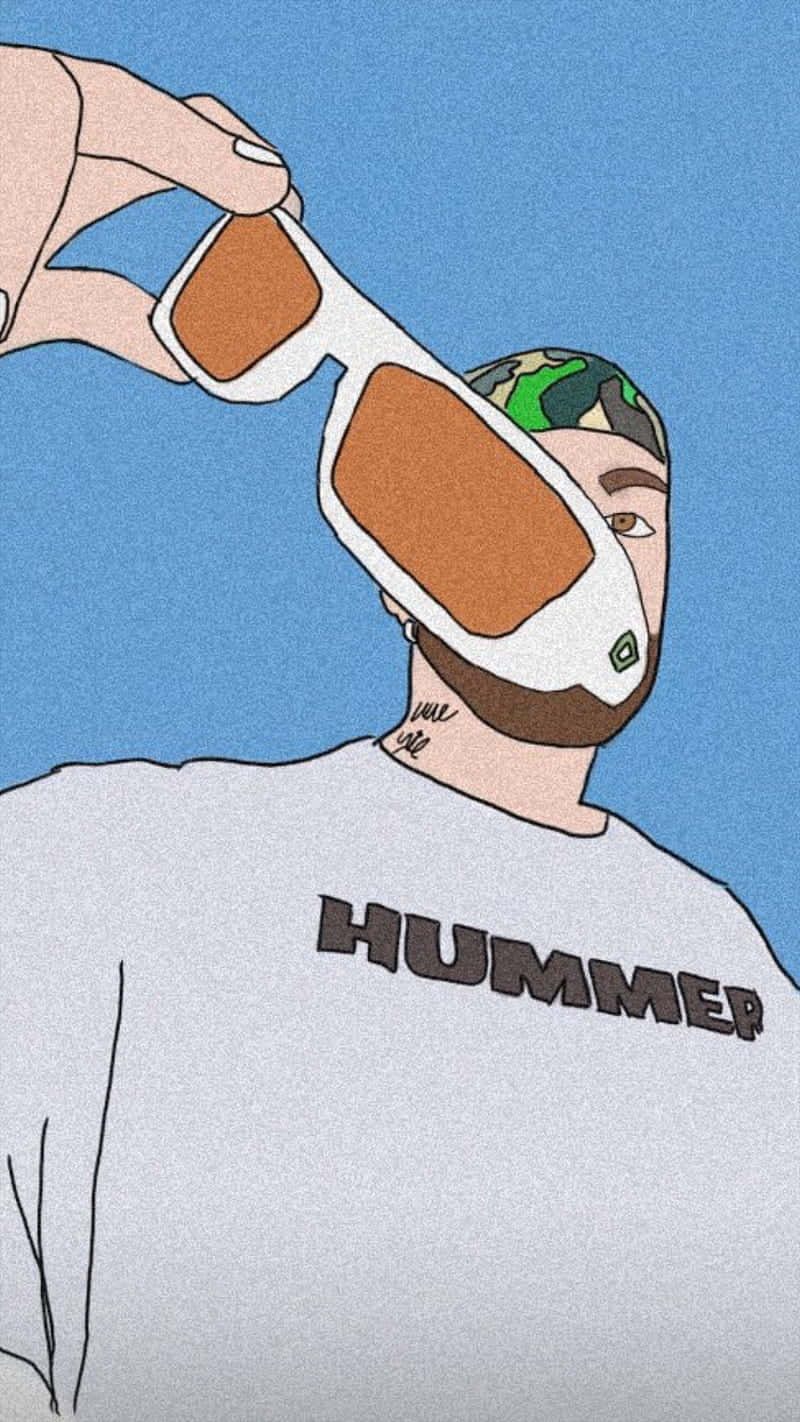 Feid 桌布 壁紙 — 一個風格化的插圖，描繪一名戴著迷彩帽和灰色Hummer T恤的男子，在純藍色背景上調整超大白框太陽眼鏡。