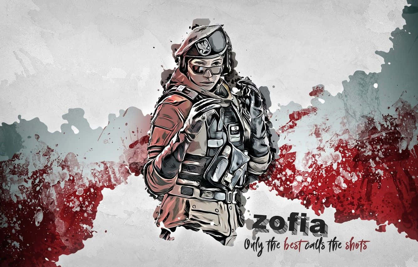 Zofia R6 桌布 壁紙 — 一個風格化的插圖，描繪一名身穿戰術裝備的士兵，背景為紅色和灰色飛濺效果。