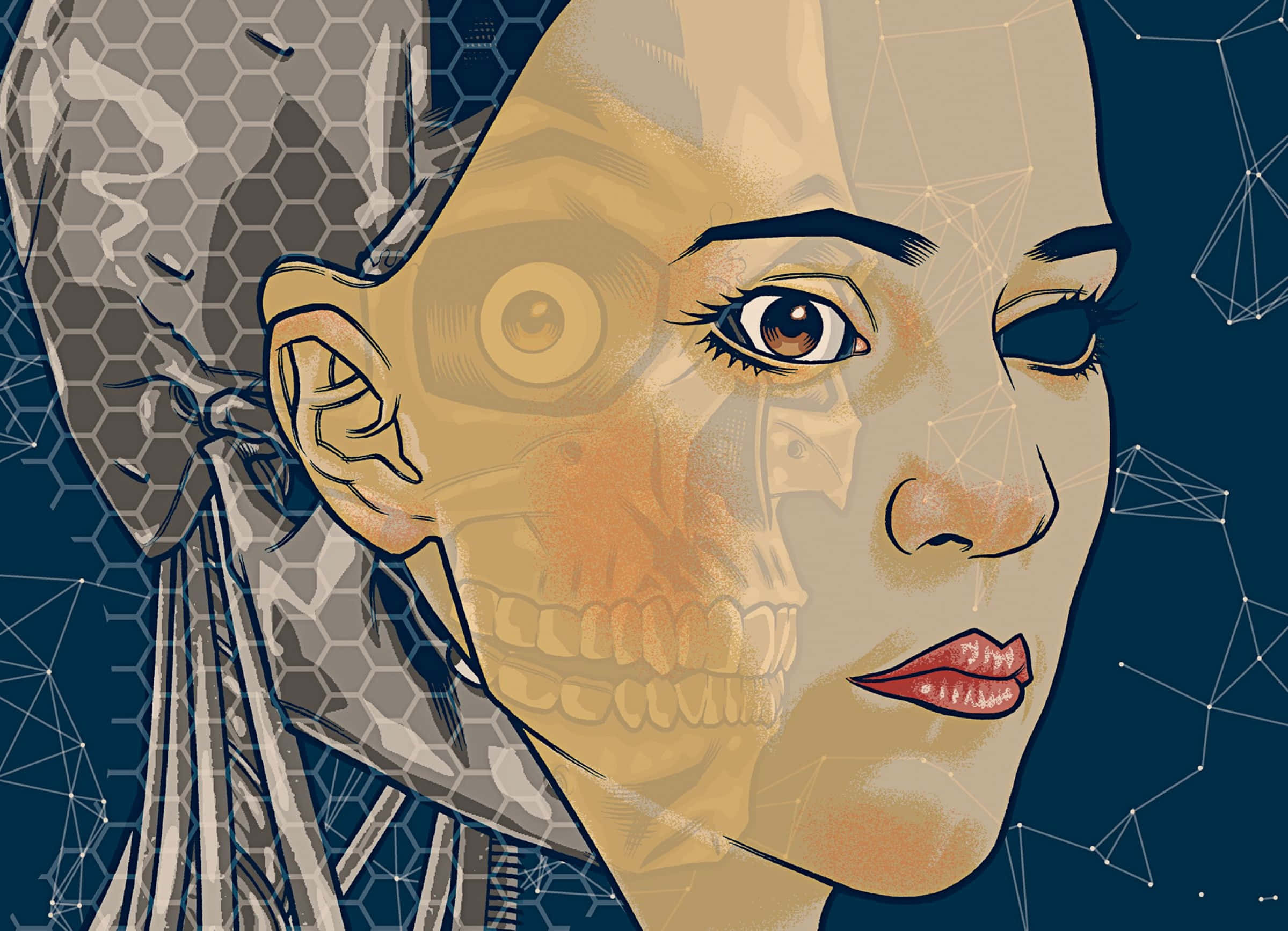 Ex Machina 桌布 壁紙 — 一個風格化的女性面孔插圖，左側覆蓋著骷髏頭和六邊形圖案，背景為深藍色幾何圖案。