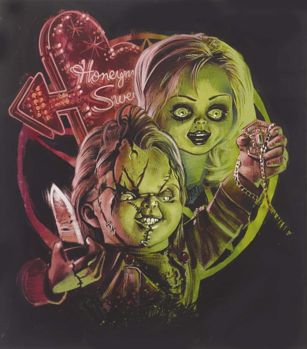  壁紙 — 一個風格化的插圖，描繪了查基和他的新娘，皮膚發出綠色光芒，在黑暗背景下拿著一把刀和一條玫瑰經念珠。