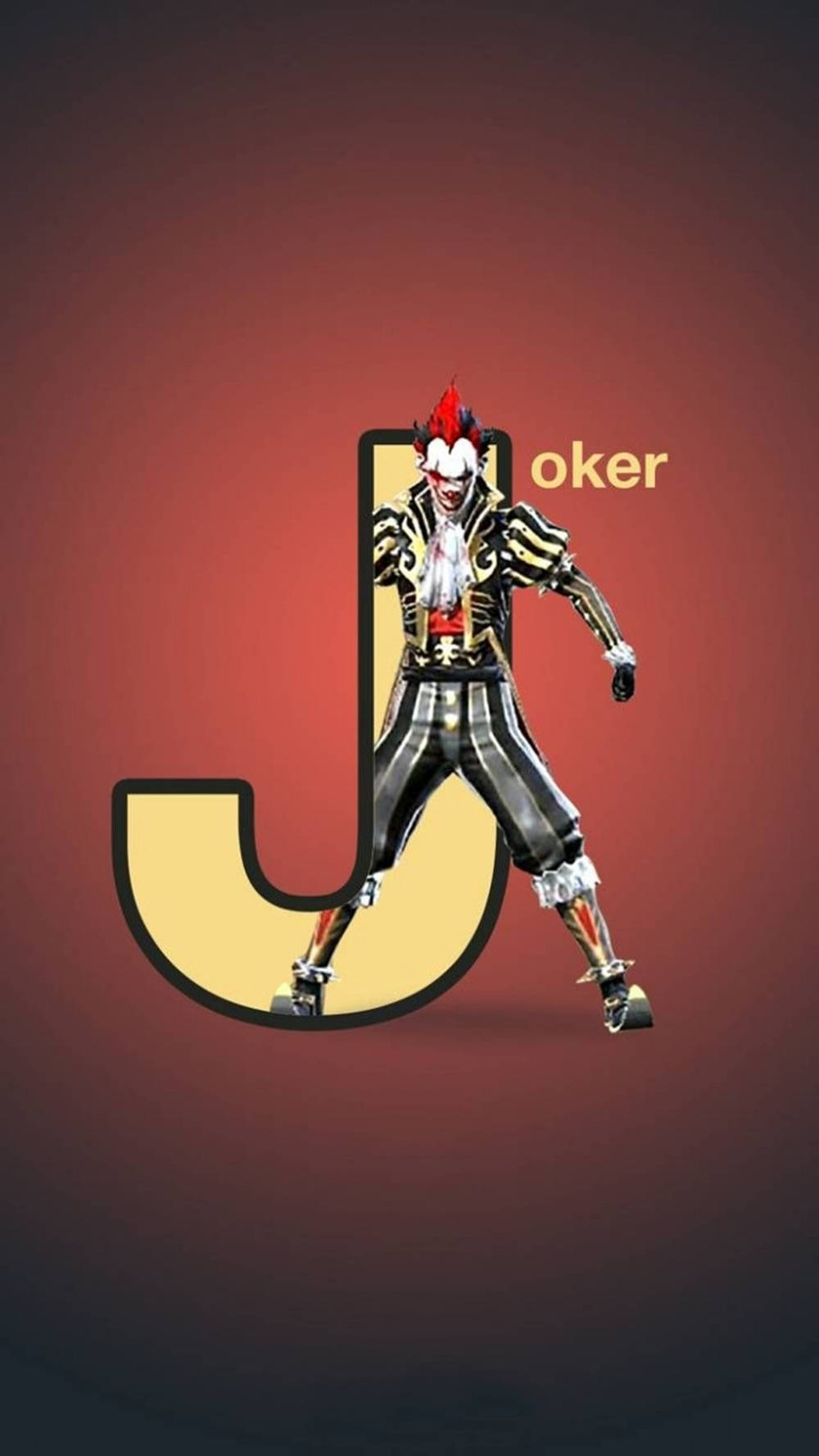小丑角色身穿黑金條紋西裝，站在紅色背景上一個大型黃色字母J旁邊。