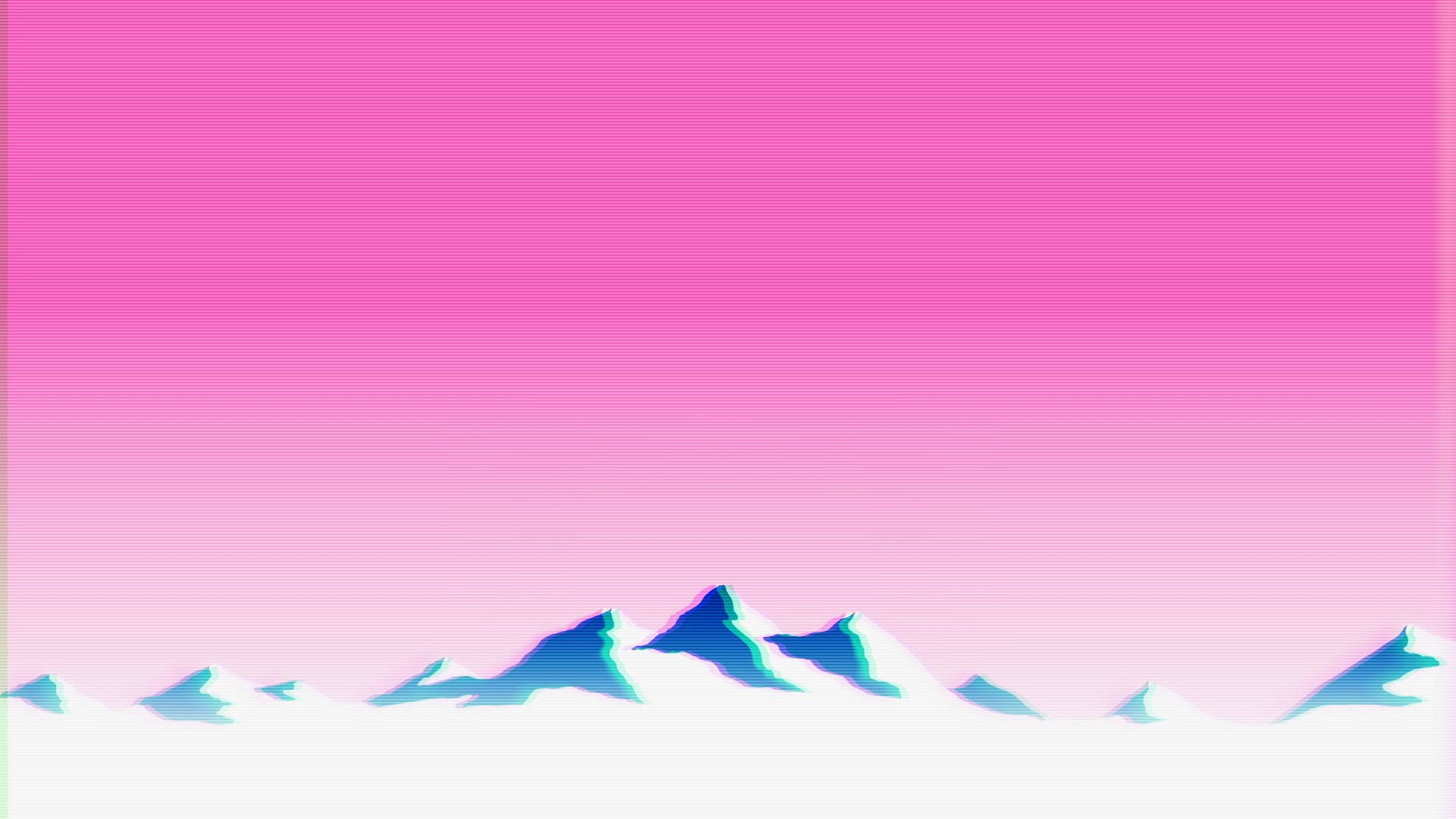 粉紅色天空與藍色山峰和數位故障效果。