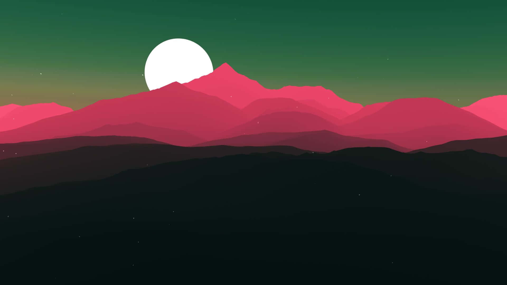  壁紙 — 在白色月亮下，以漸變綠色天空為背景，呈現粉紅和深色調層疊的風格化山脈。