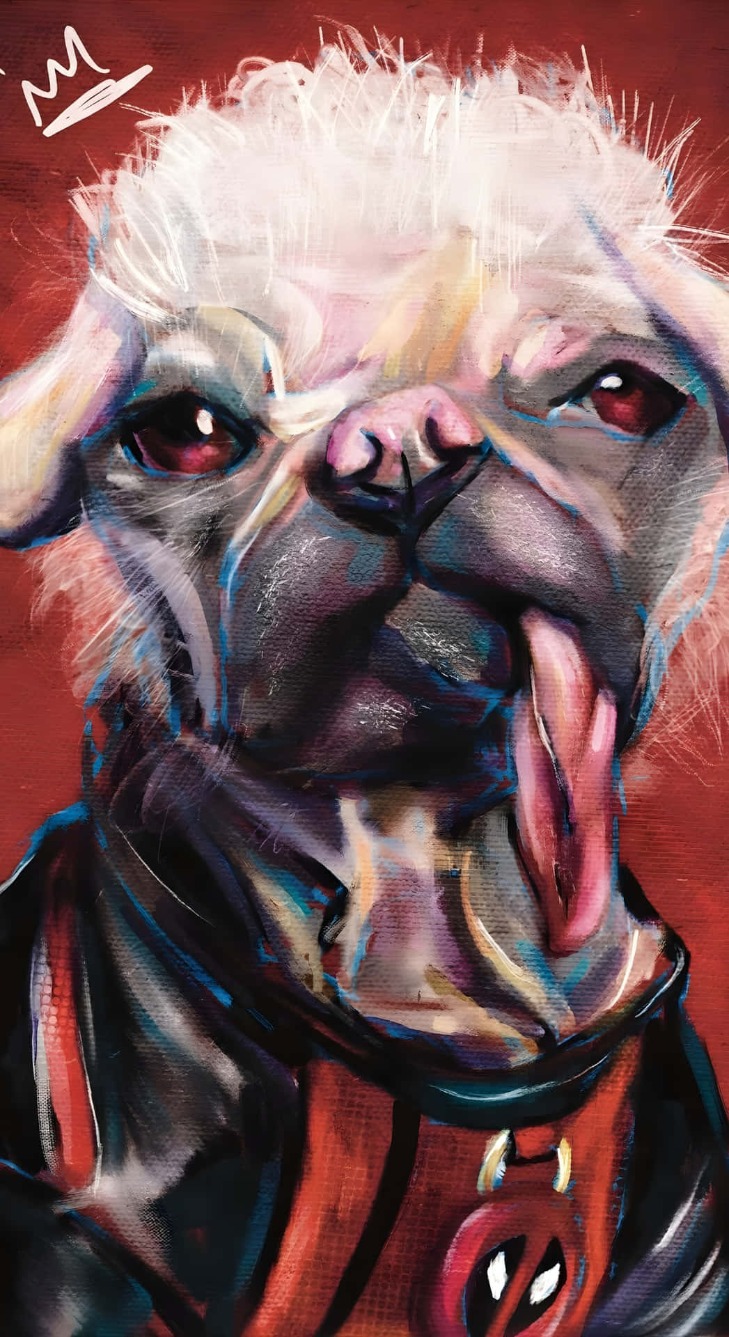  壁紙 — 一幅風格化的油畫，描繪一隻白色八哥犬，紅眼睛、伸出舌頭，穿著死侍主題背心，背景為深紅色。