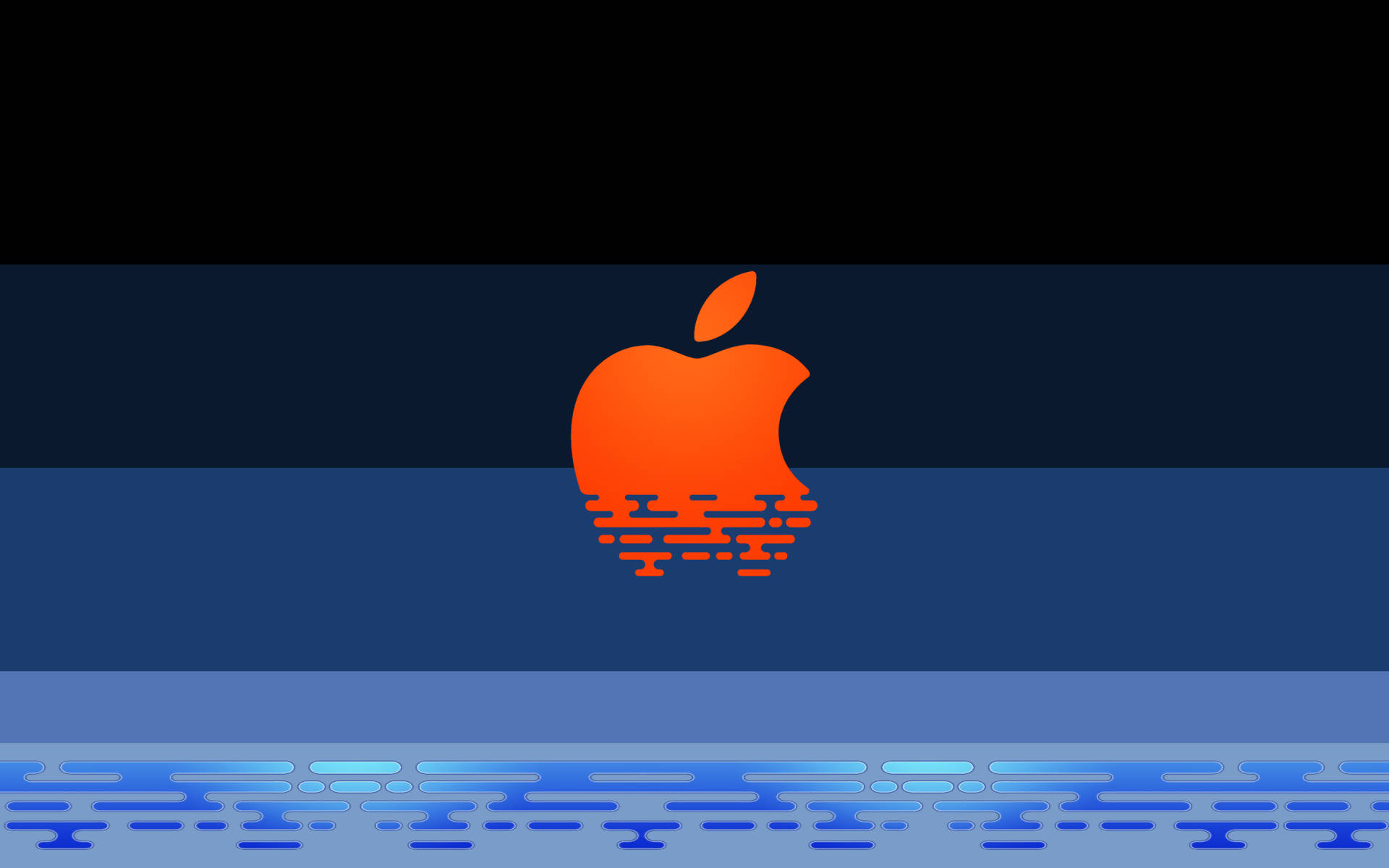 橙色與藍色蘋果標誌 壁紙 — 一個風格化的橙色Apple標誌在深色漸變背景下沉入藍色水中。