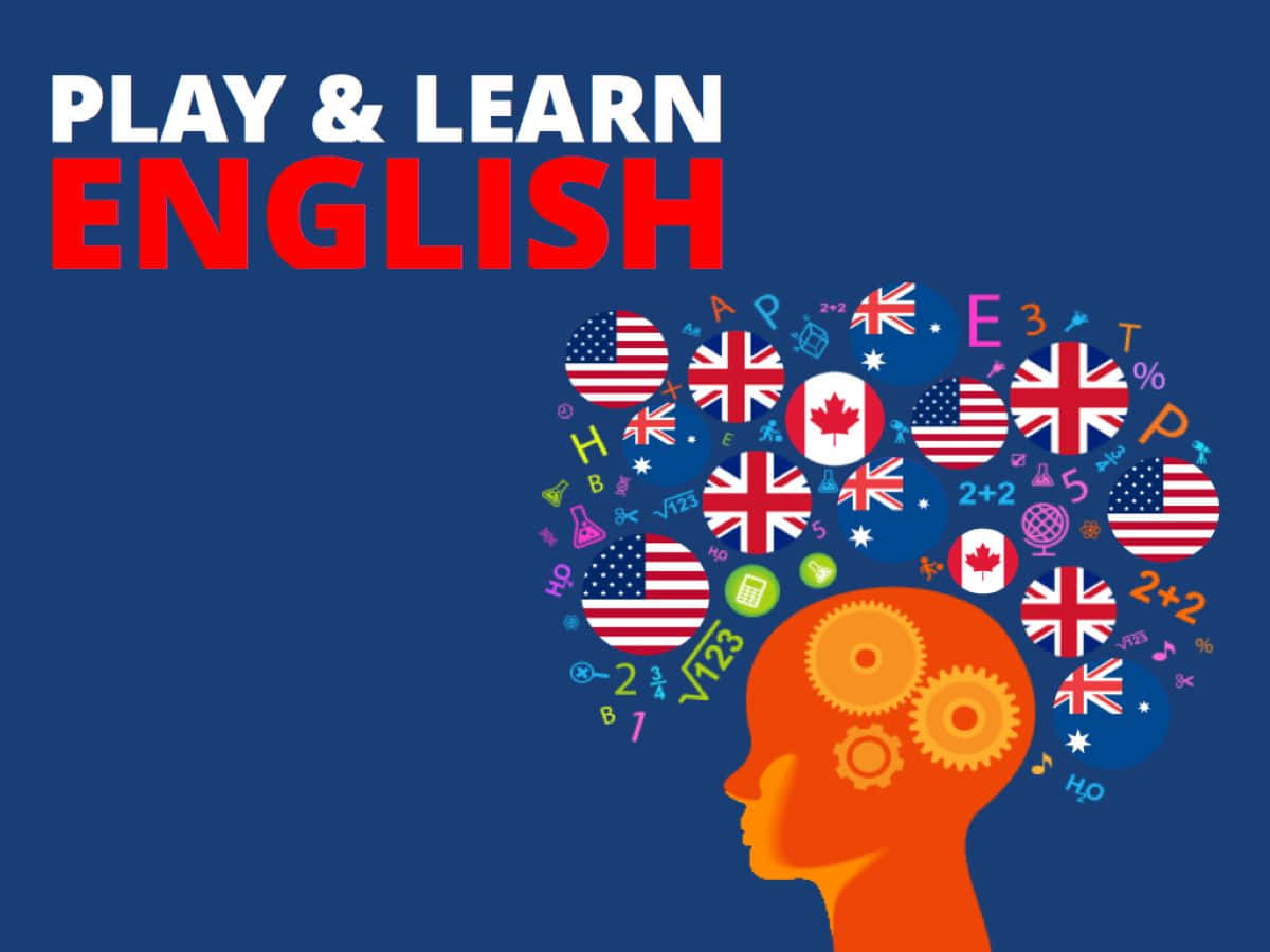 English 桌布 壁紙 — 一個風格化的橙色頭部剪影，內部有齒輪，周圍環繞著旗幟和教育符號，背景為藍色並帶有粗體文字。