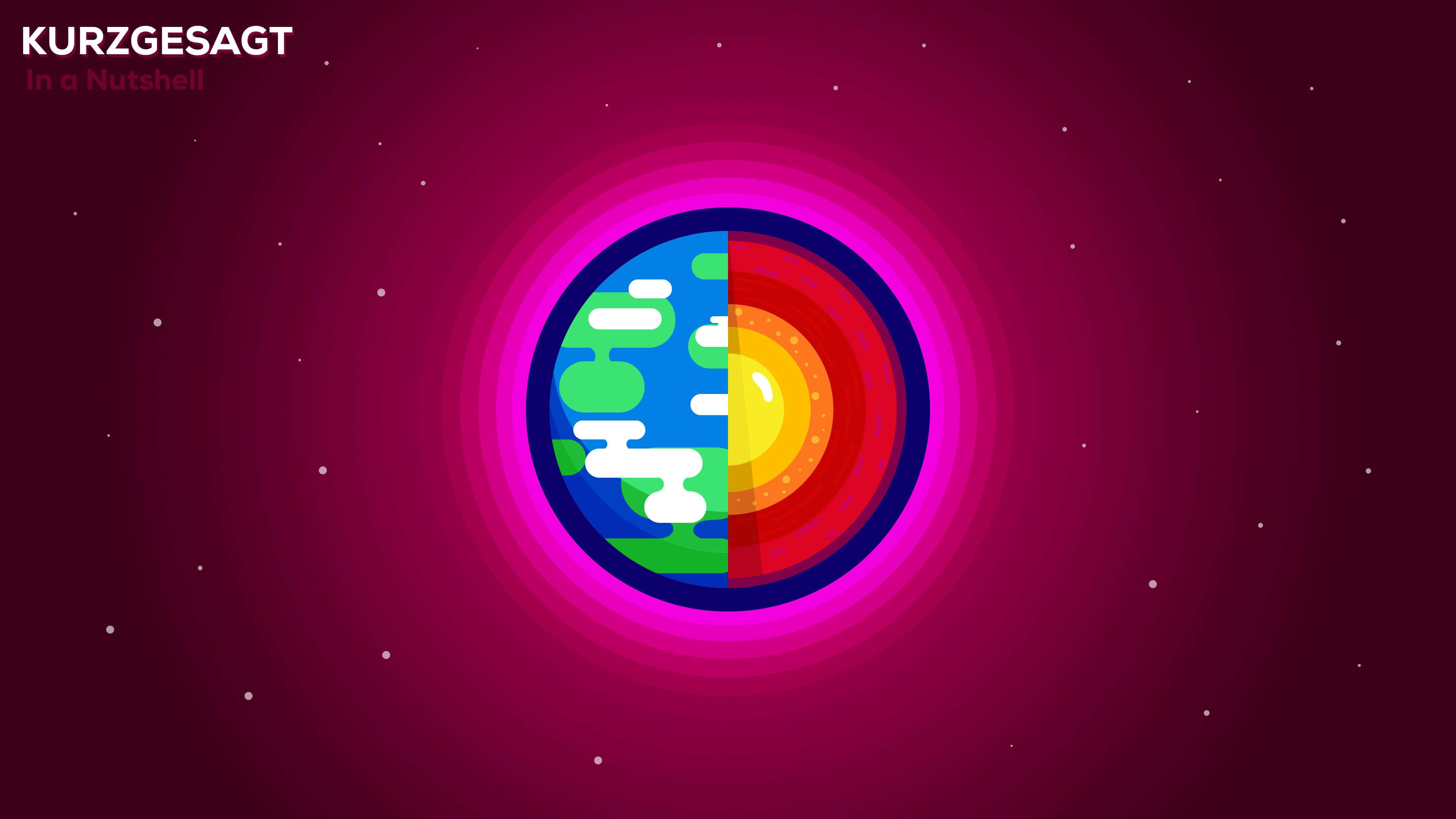 Kurzgesagt 地球核心 壁紙 — 一個風格化的行星被分成兩半，顯示地球的藍綠色表面和一個充滿活力的太陽爆發，背景是深洋紅色的宇宙背景。