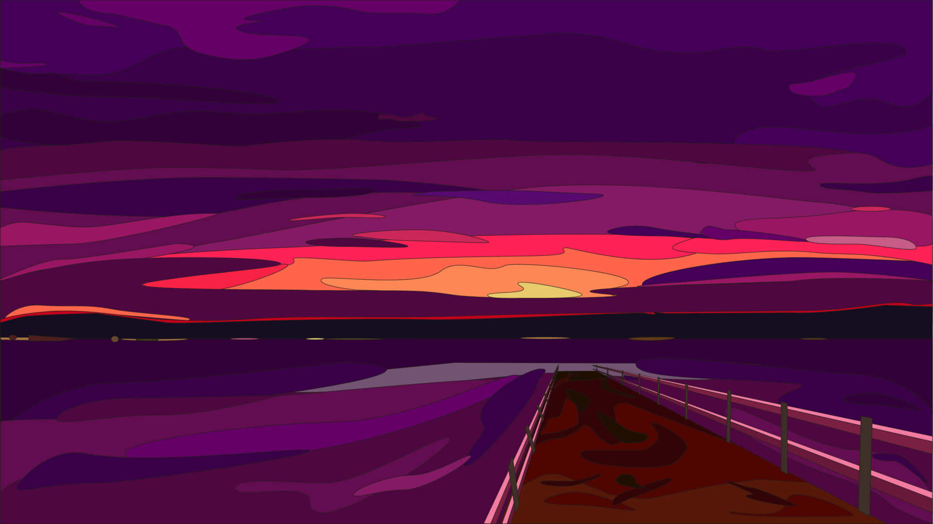 Abstract Landscape 桌布 壁紙 — 風格化的紫色日落映照在水面上，一條木製碼頭延伸至地平線。