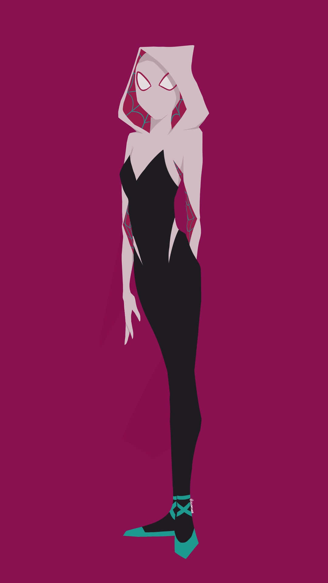  壁紙 — 一個風格化的蜘蛛關羽（Spider-Gwen）在純洋紅色背景前擺出姿勢，她的白色連帽和黑色套裝以紅色和藍綠色細節點綴。